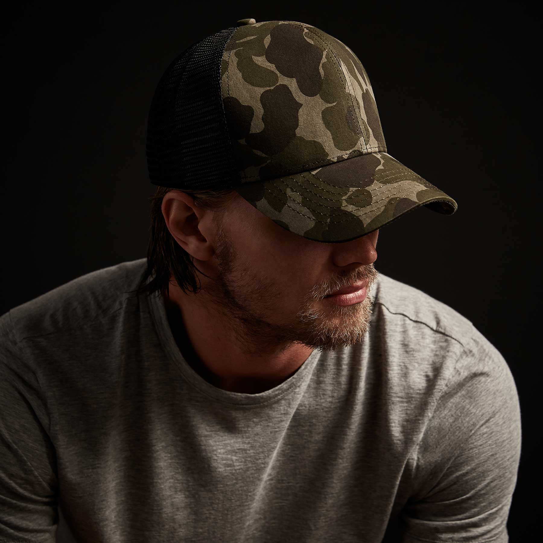 Camo Poplin Trucker Hat - Stylish Marjoram Pigment Design for Outdoor Adventures & Casual Wear