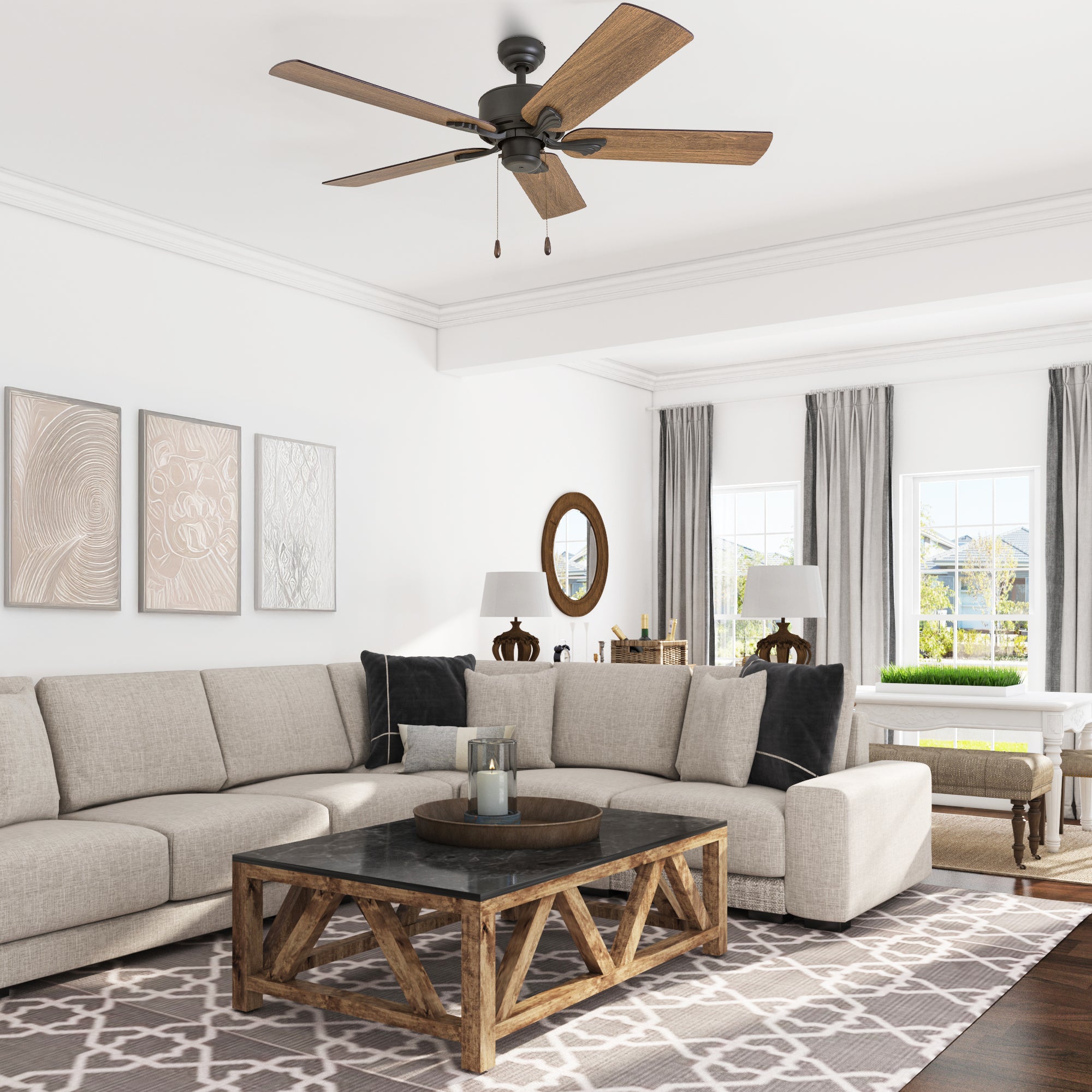 52 Inch Glencrest Bronze Ceiling Fan with Pull Chain - Energy Efficient Indoor/Outdoor Fan for Bedroom, Living Room, and Patio
