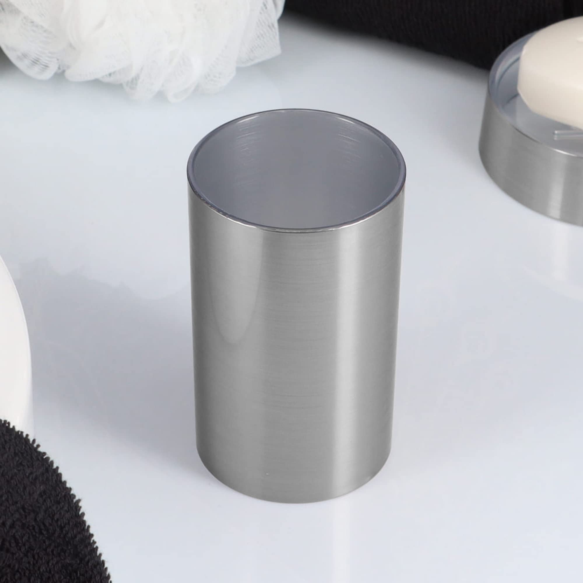 Brushed Aluminum Bathroom Tumbler Cup Holder & Toothbrush Organizer - NOUMEA - Perfect for Bathroom Countertop, Vanity, and Shower Storage Organization