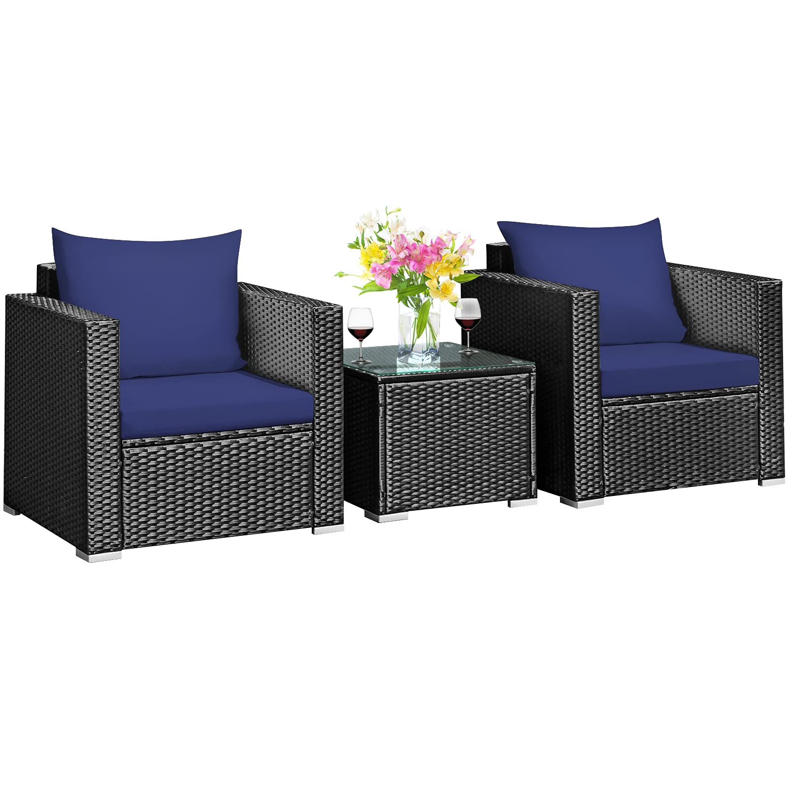 **Tangkula 3-Piece Patio Furniture Set - PE Rattan Wicker Sofa with Washable Cushions & Tempered Glass Table, Outdoor Conversation Set for Garden, Poolside, Patio, and Backyard (Navy Blue)**