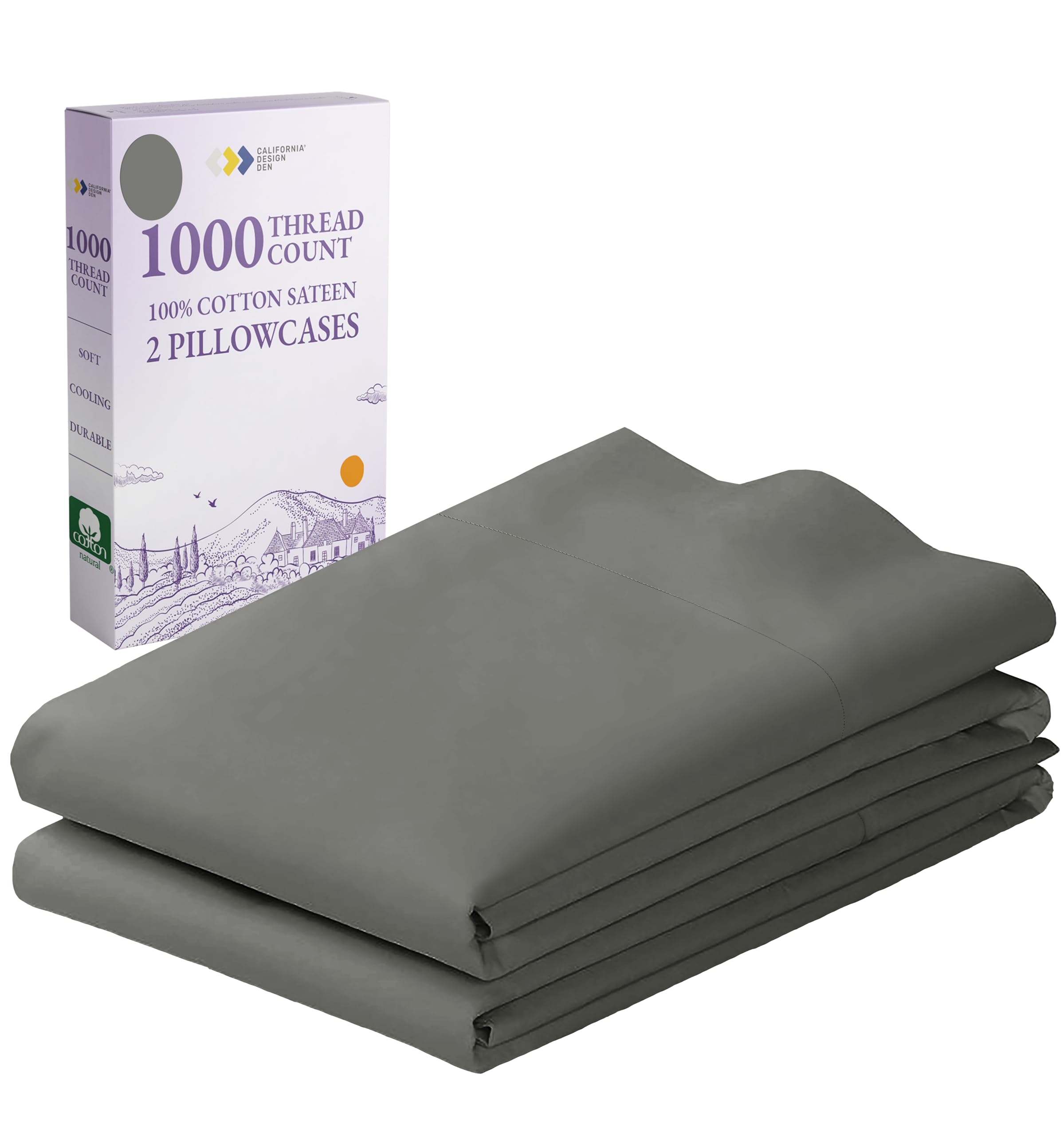 California Design Den 1000 Thread Count 100% Cotton Sateen Pillowcases - Ultra Soft & Smooth Hotel Luxury Bedding Set of 2, Classic Grey King Size (Fits Standard King Pillows) - Perfect for Master Bedrooms & Luxury Hotels