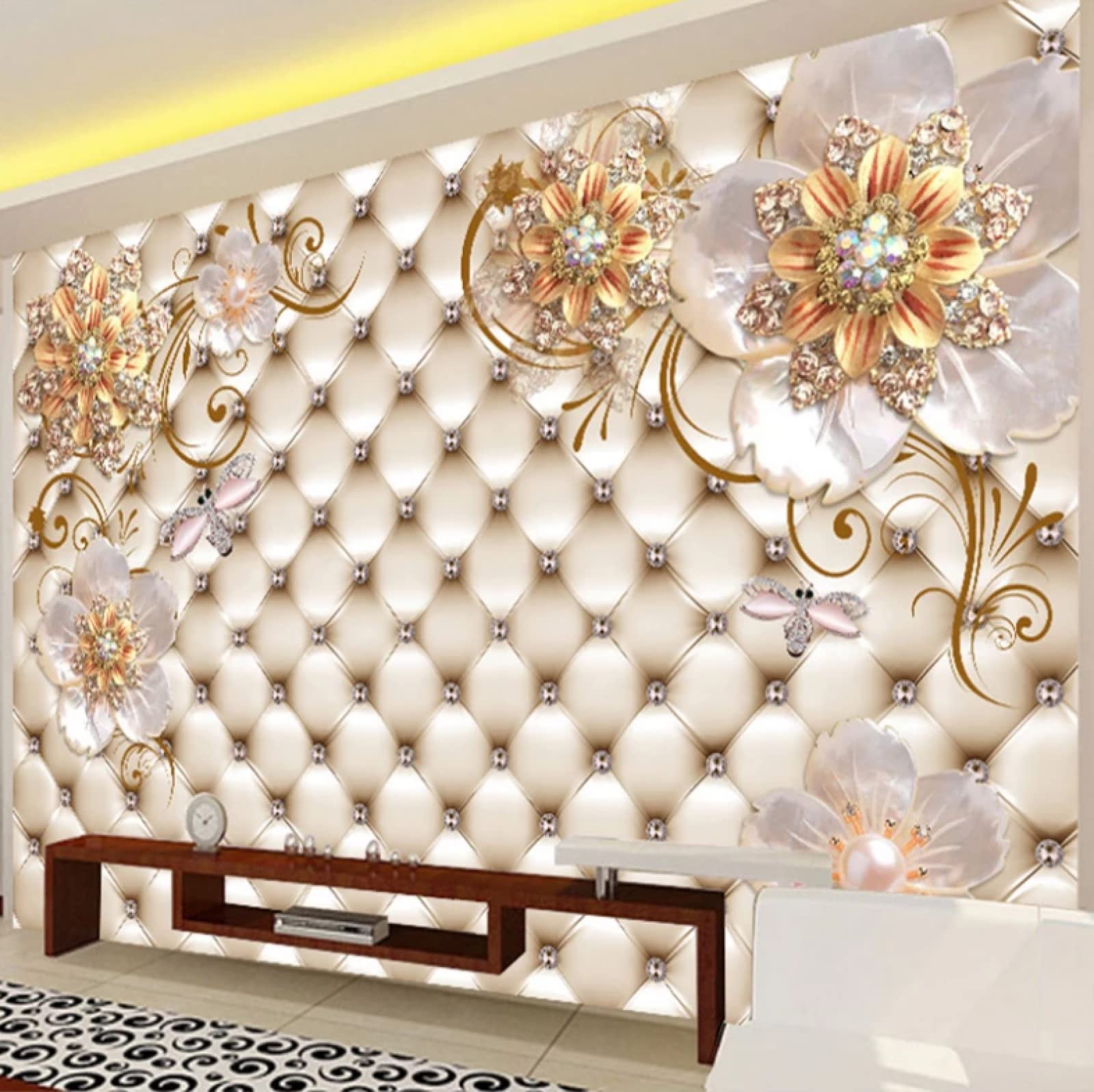 3D White Gold Floral Wall Mural - Large Removable Wallpaper (144