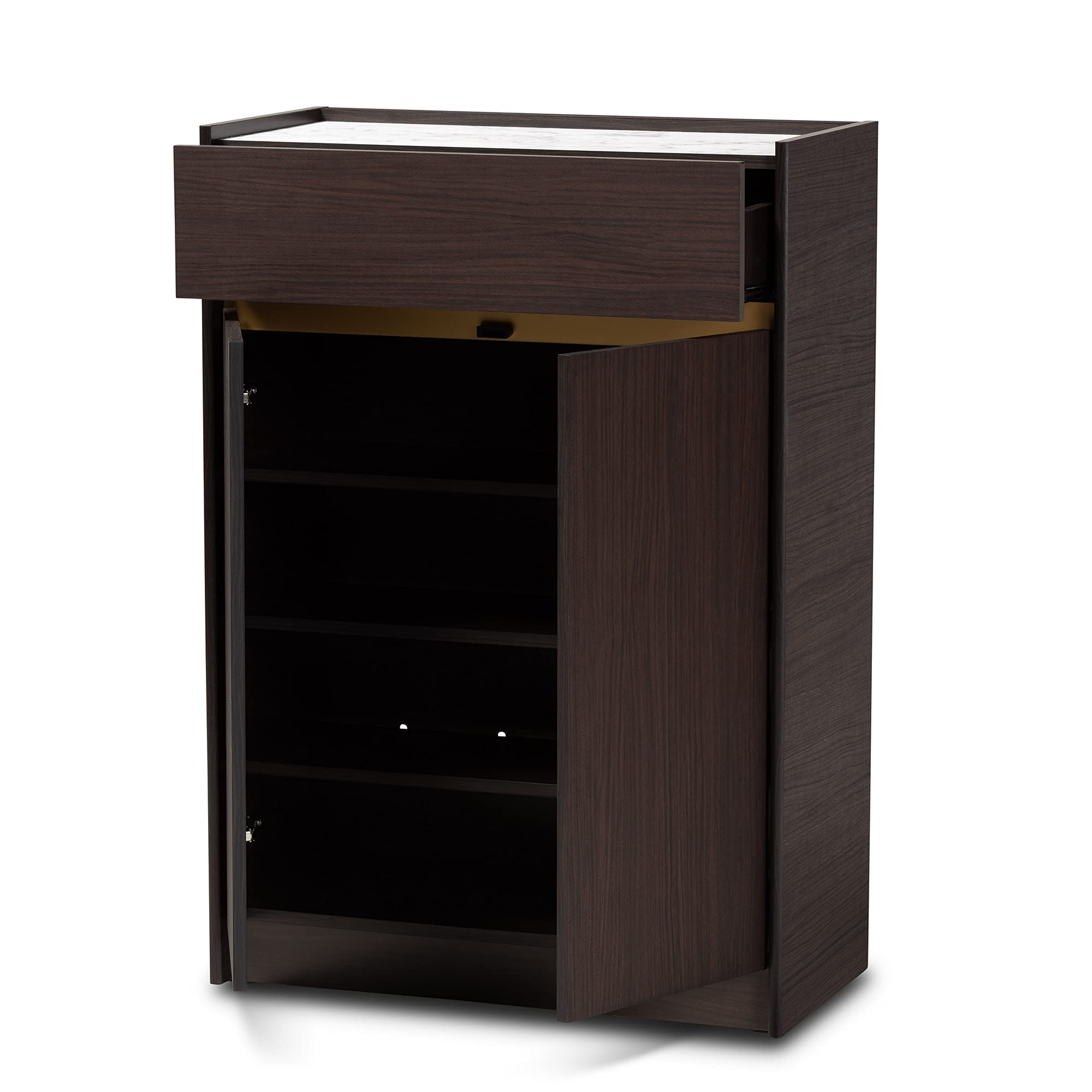 Baxton Studio Walker Modern Shoe Cabinet - Dark Brown & Gold Wood with Faux Marble Top | Entryway Storage Organizer for Hallway, Bedroom & Closet
