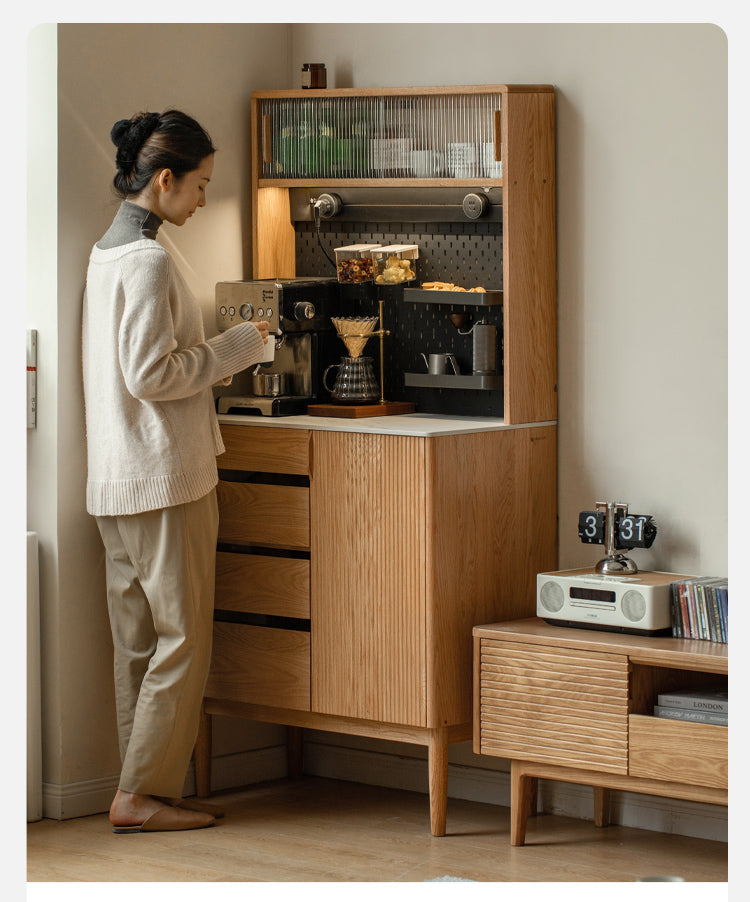 Solid Oak Wood Modern Rock Board Side High Tea Cabinet Buffet - Stylish Storage for Dining Room, Living Room & Kitchen | Perfect for Tea Parties, Buffets & Home Decor