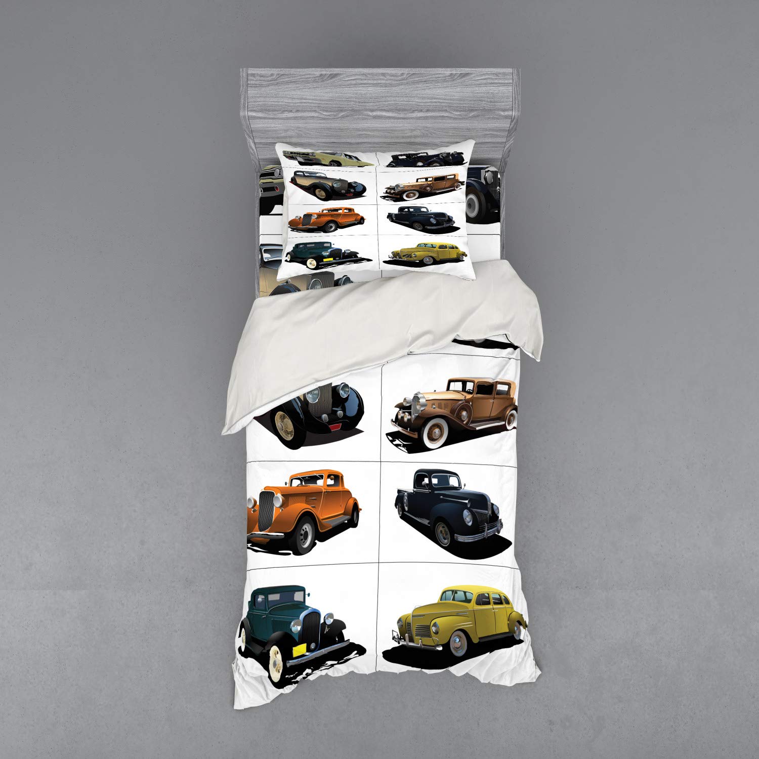 Ambesonne Vintage 1950s Cars Bedding Set - 3 Piece Duvet Cover with Sham & Fitted Sheet, Twin XL Size, Colorful Retro Automobile Design for Boys Room, Teen Bedroom or Car Enthusiast Decor
