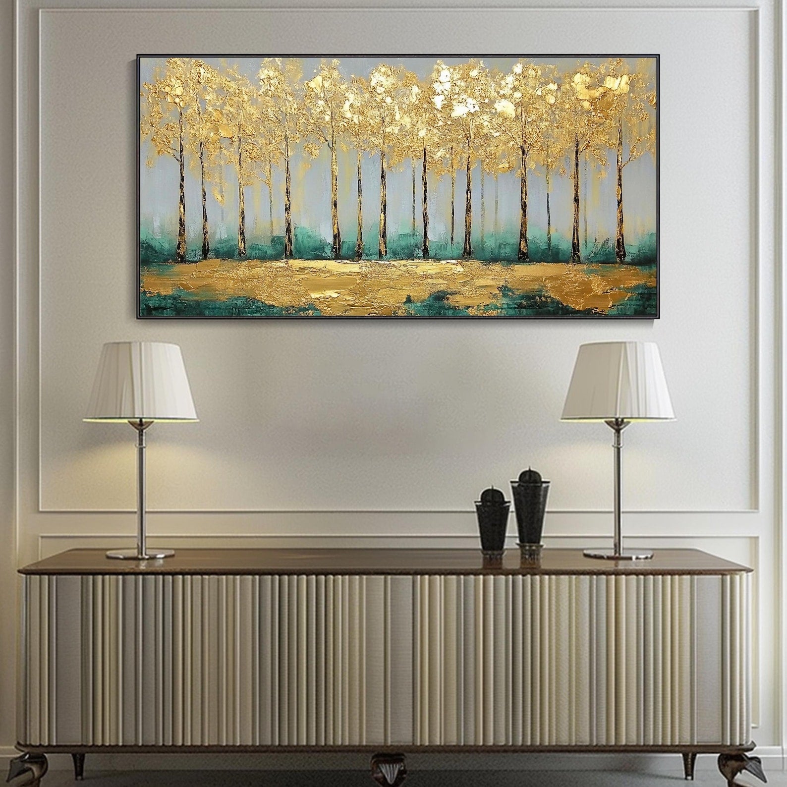 Gold Leaf Forest Wall Art - Handmade Nature-Inspired Home Decor for Living Room, Bedroom & Office - Perfect for Boho, Rustic & Modern Interior Design