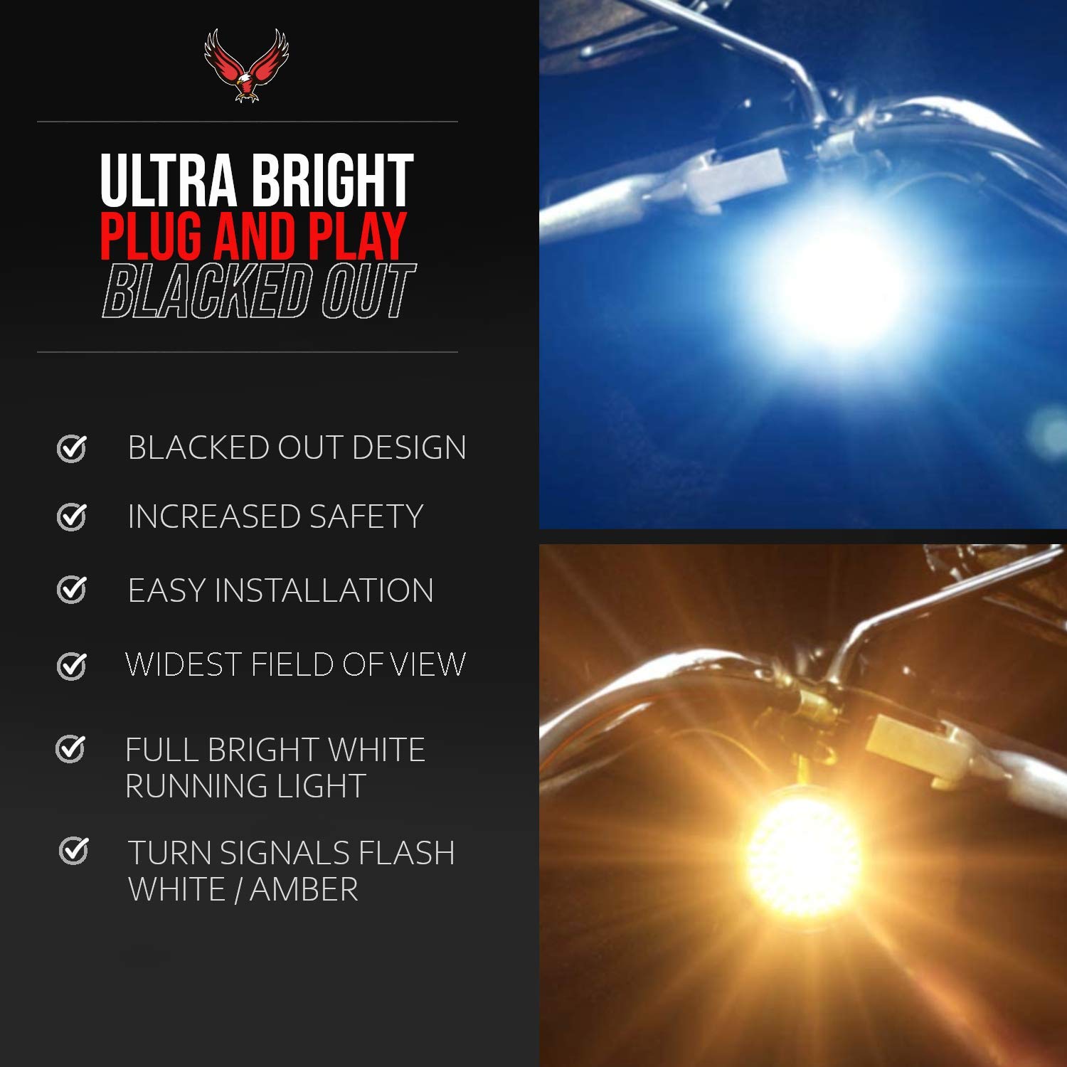 Harley Davidson LED Turn Signal Kit - Front & Rear 1157 Bulbs with Bright White Running Lights & Strobing Brake Lights | Smoked Lens | Motorcycle Safety & Customization Accessories | Day & Night Riding