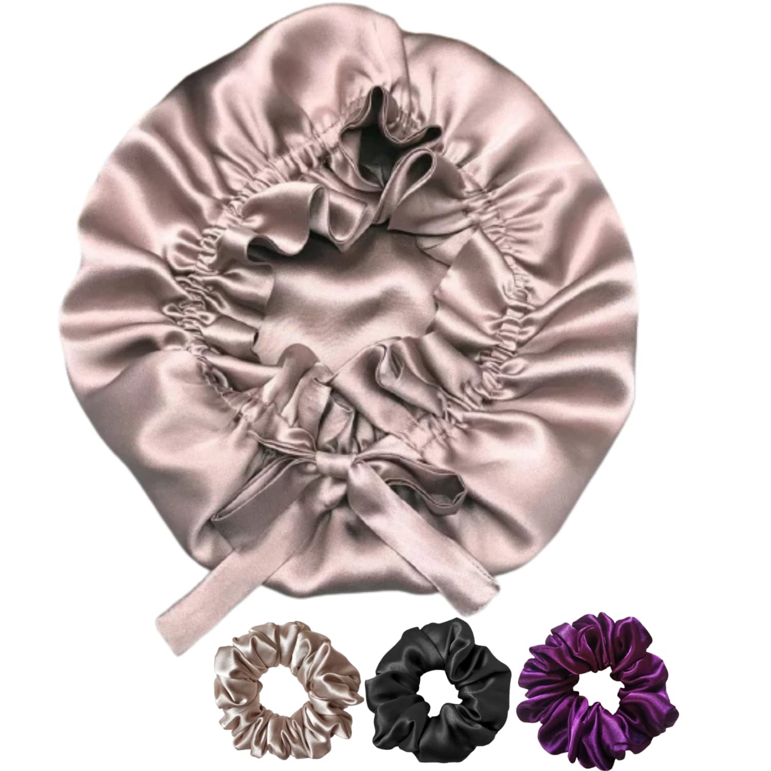 Candibella Women's Adjustable Satin Silk Bonnet for Sleeping & Hair Protection - Includes 3 Premium Scrunchies & Ribbon Tie Band - Ideal for Curly Hair & Nighttime Care - Rose Taupe Satin Hair Wrap for Women (Perfect for Travel, Home & Salon Use)