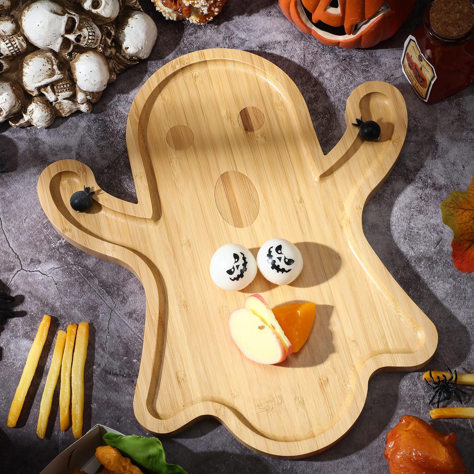 2-Piece Halloween Charcuterie Board Set - Funny Ghost-Shaped Bamboo Cheese Platter & Serving Tray for Candy, Cookies, Appetizers - 12.6 x 14.2 Inch Halloween Party Dinnerware for Home Gatherings & Spooky Decor