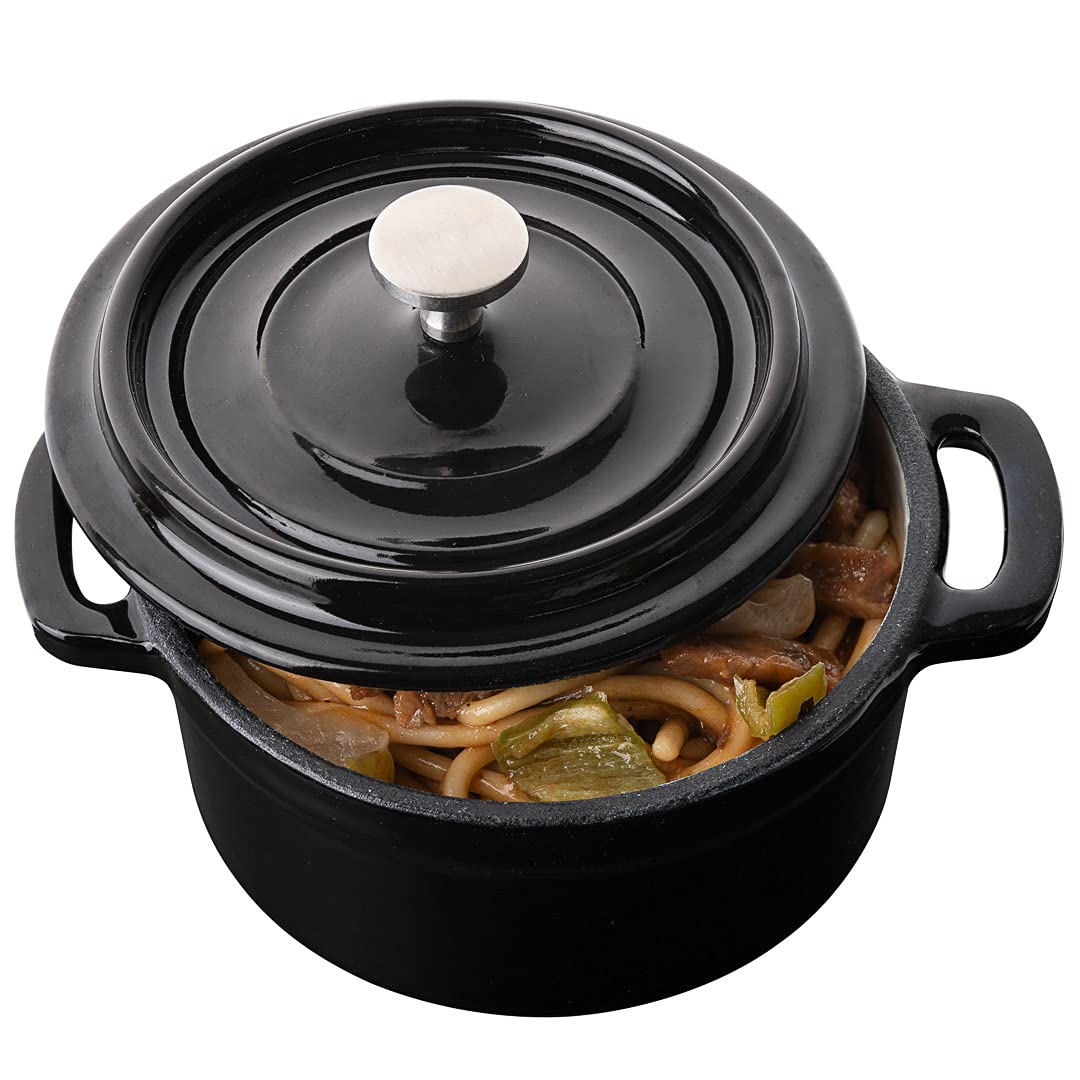 8 oz Mini Casserole Dish with Lid - Enameled Black Cast Iron Dutch Oven for Baking, Braising & Roasting | Perfect for Individual Servings, French Onion Soup & Crème Brûlée | Heavy-Duty Restaurantware Cocotte