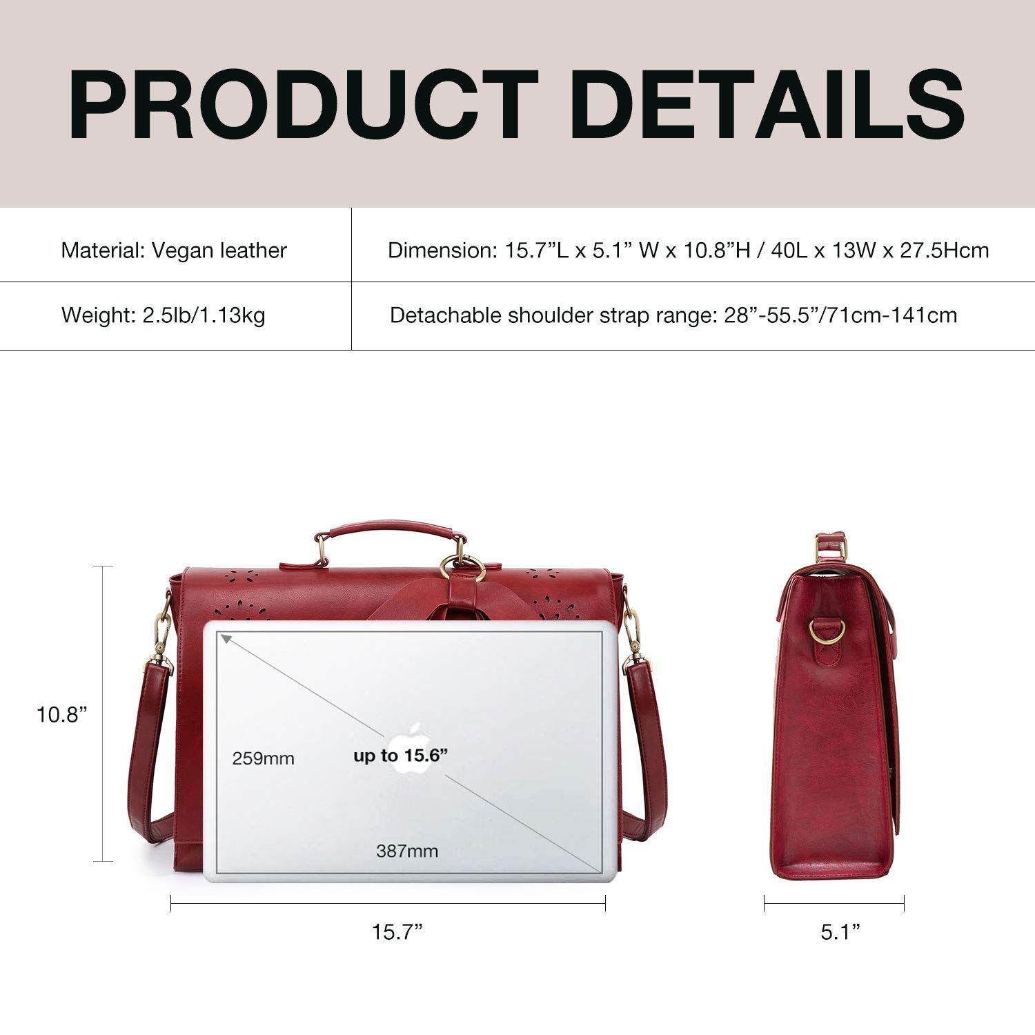 ECOSUSI Vegan Leather Women's Laptop Briefcase - Professional Work Shoulder Bag with Detachable Bow - Perfect for Office, Business Travel & Commuting