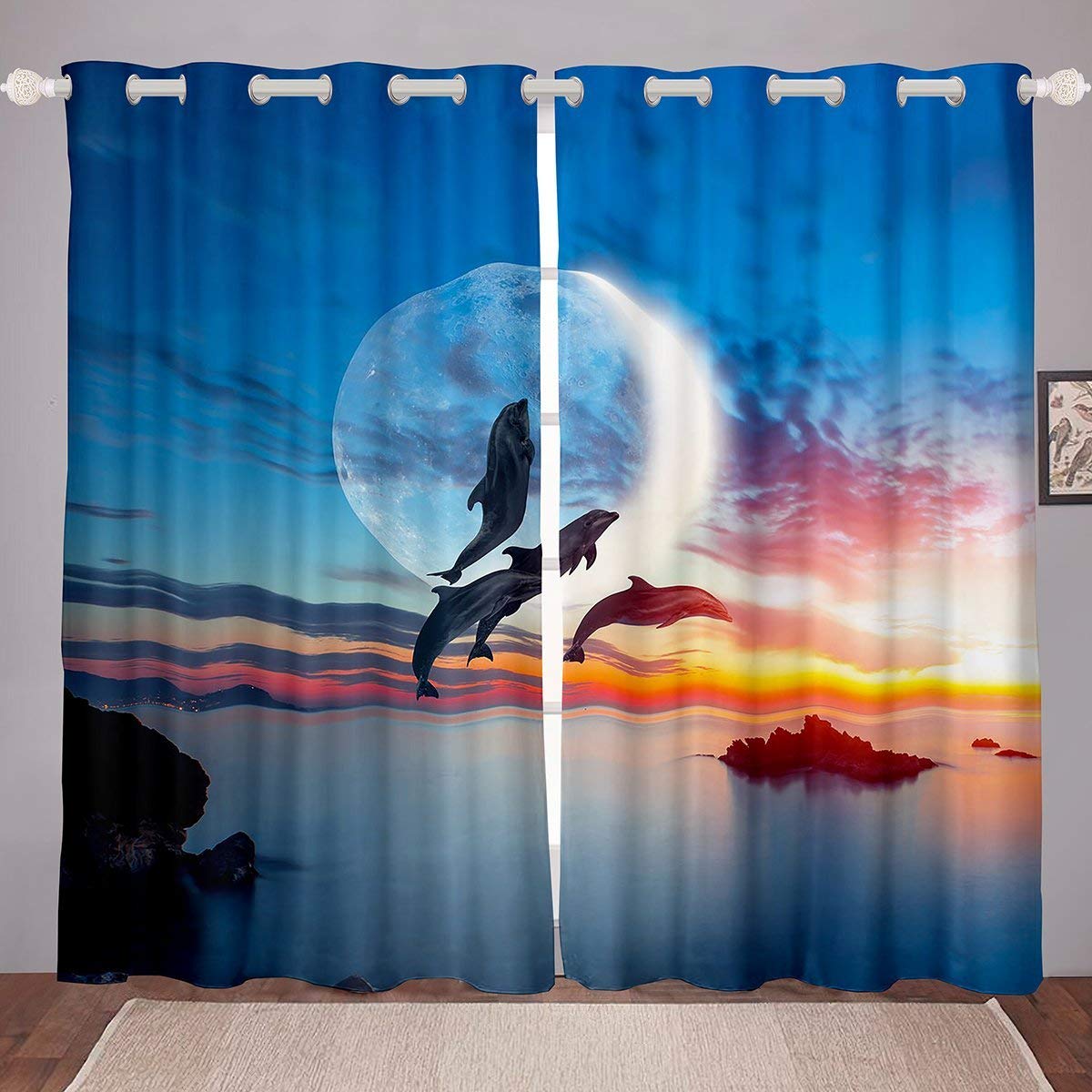 Erosebridal 3D Printed Dolphin Window Curtains - Jumping Dolphins Ocean Theme Hawaiian Island Window Treatments, Sunset Marine Life Bedroom Decor (76