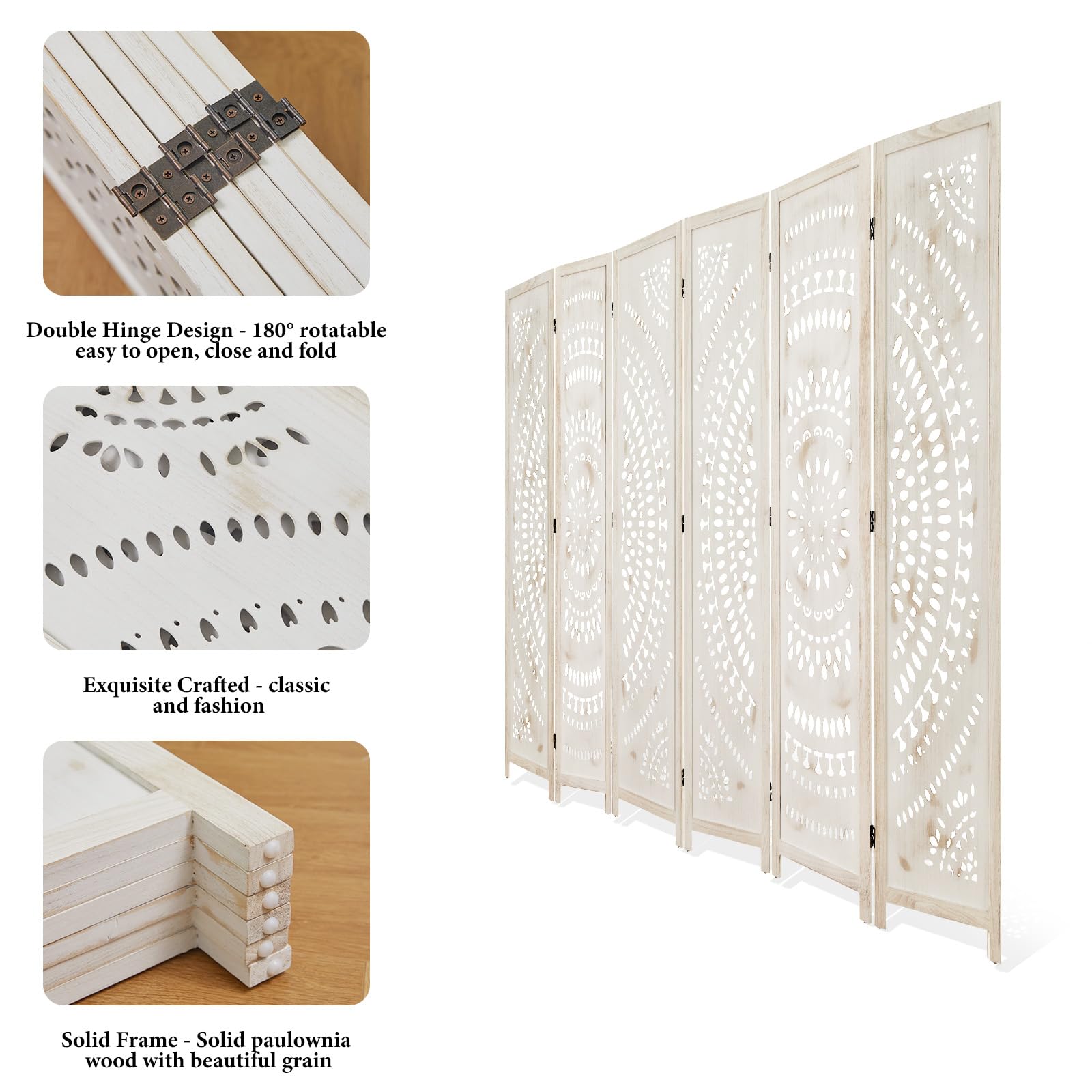 Handcrafted Wooden Room Divider - 6 Panel Folding Partition Screen with Bohemian Carvings, Antique White Finish for Home, Office & Outdoor Spaces | Perfect for Privacy, Room Separation & Decoration in Living Rooms, Bedrooms, Gardens & Terraces