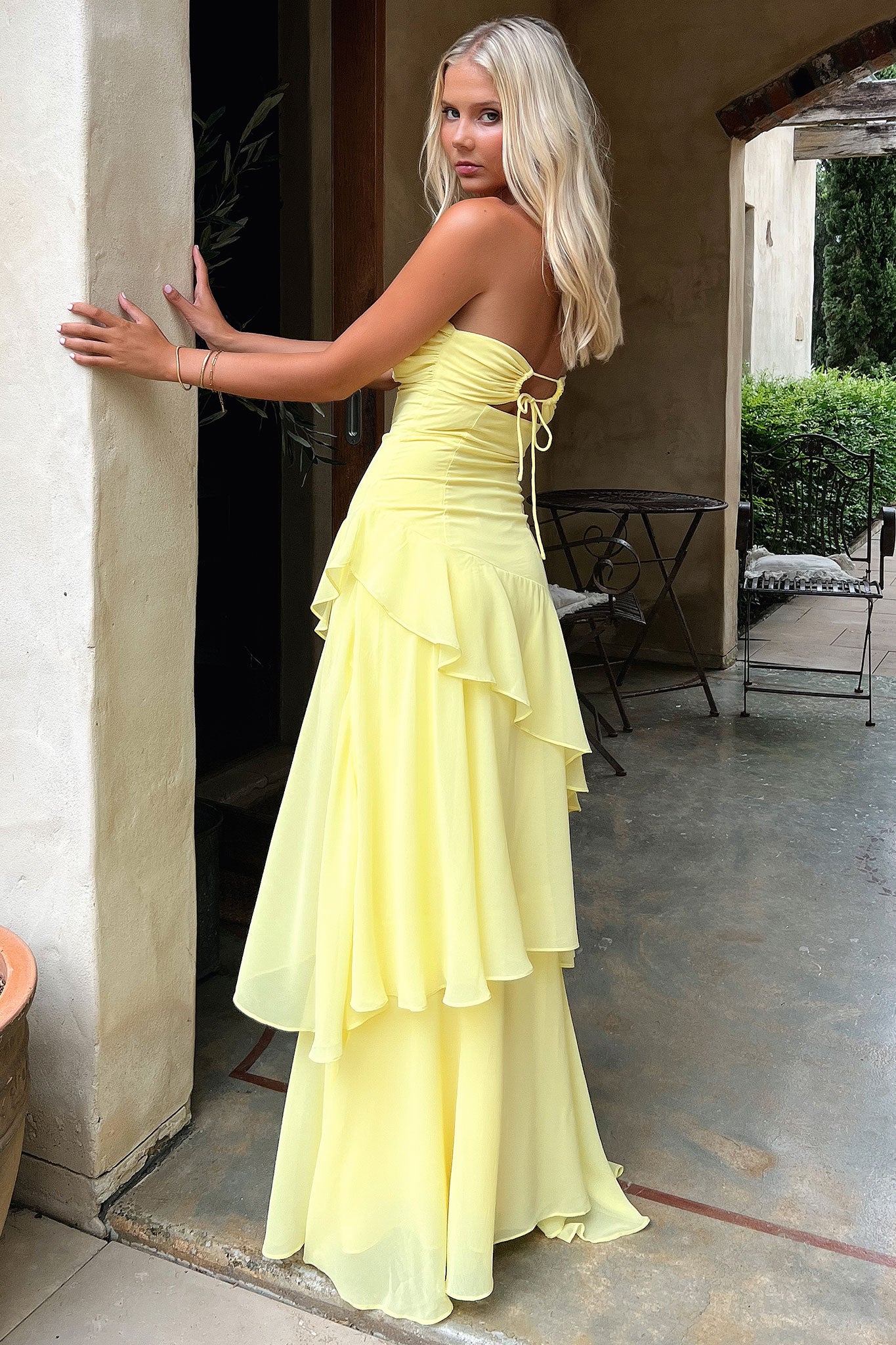 Gretta Strapless Maxi Dress in Yellow - Flowy Summer Beach Wedding Guest Dress for Women