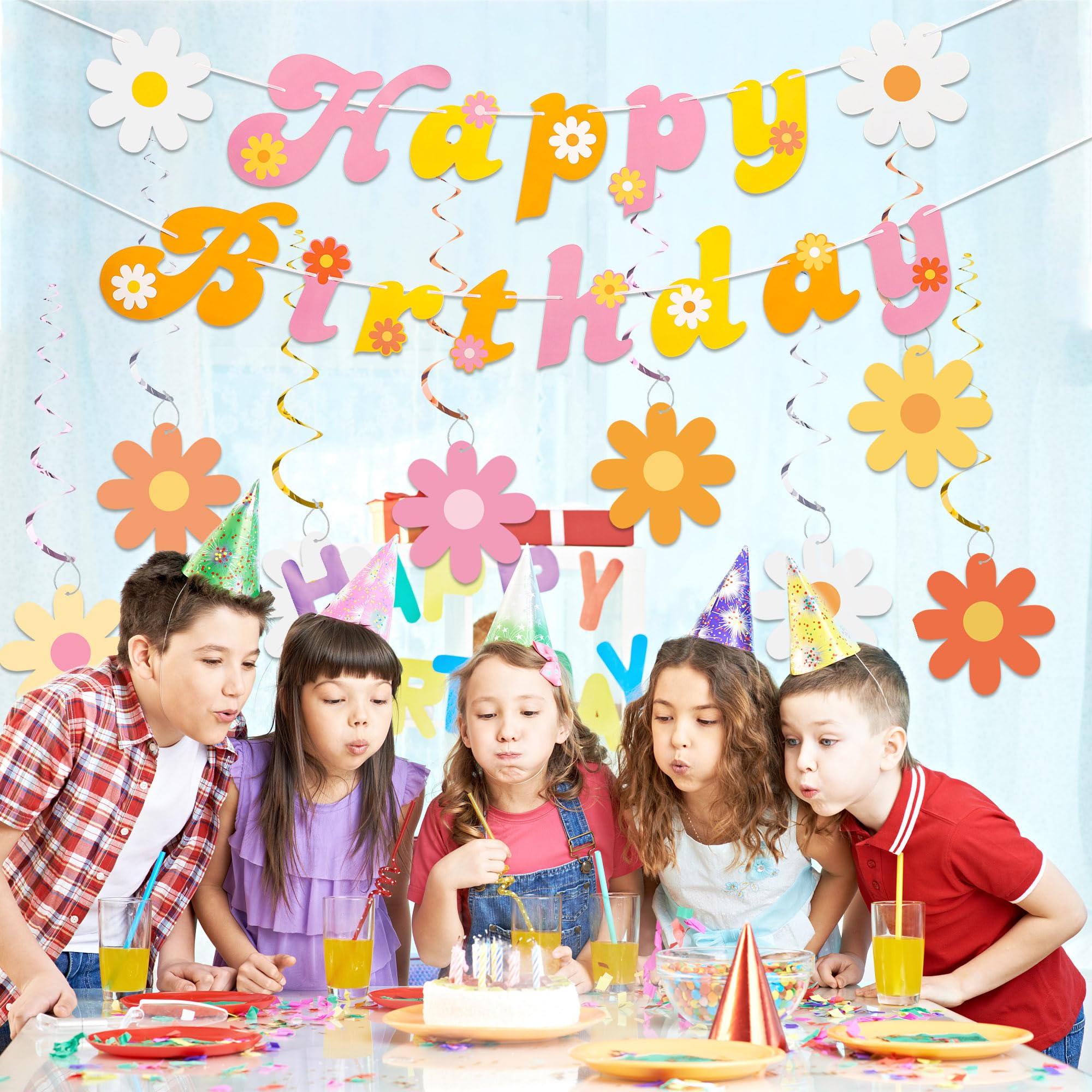 26 PCS Boho Happy Birthday Party Decorations - Retro Daisy Flower Hanging Swirls & Ceiling Streamers for Hippie Themed Parties, Baby Showers, Wedding Decor & Home Celebration