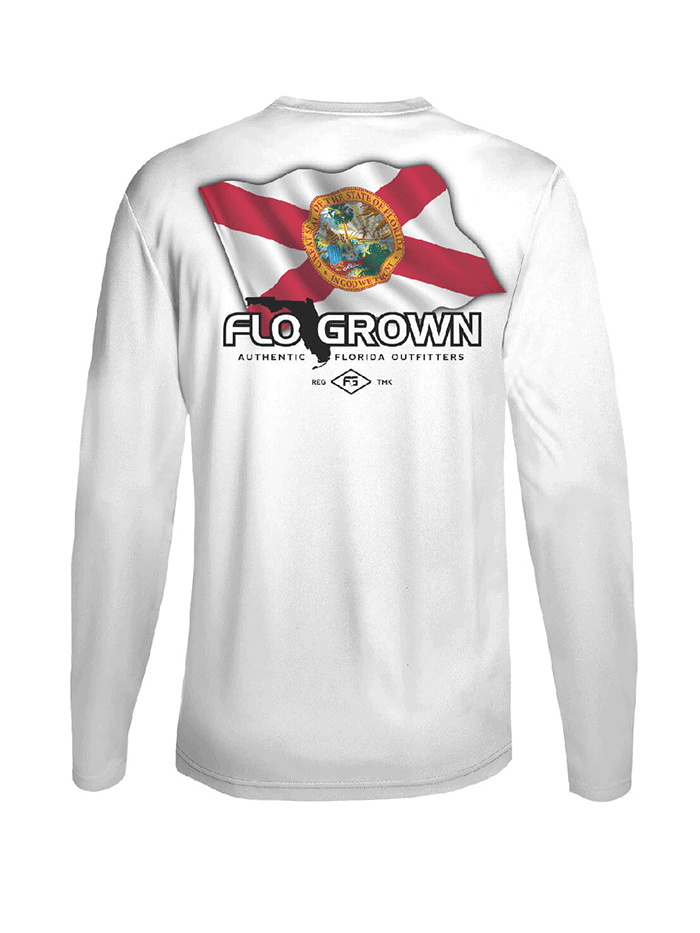 FloGrown FGP 414 Waving Flag Performance Long Sleeve T-Shirt - Moisture Wicking Athletic Shirt for Running, Workouts & Outdoor Activities - White