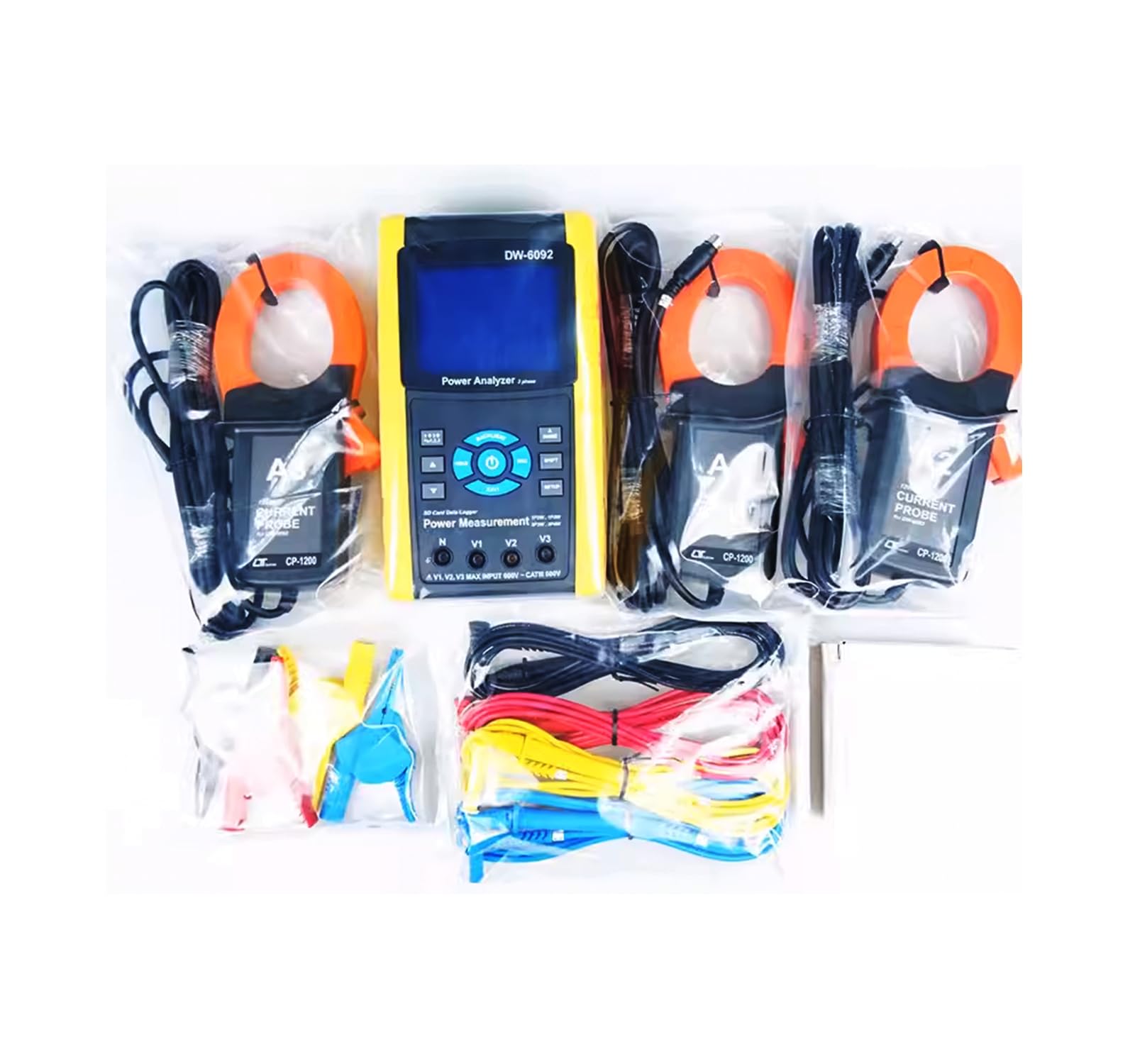 DW-6092 3 Phase Power Analyzer Meter Tester - Real-Time Data Logger with 3 CP-1200 Current Probes (20A/200A/1200A) | 1P2W, 1P3W, 3P3W, 3P4W | Ideal for Industrial Electrical Testing & Energy Monitoring