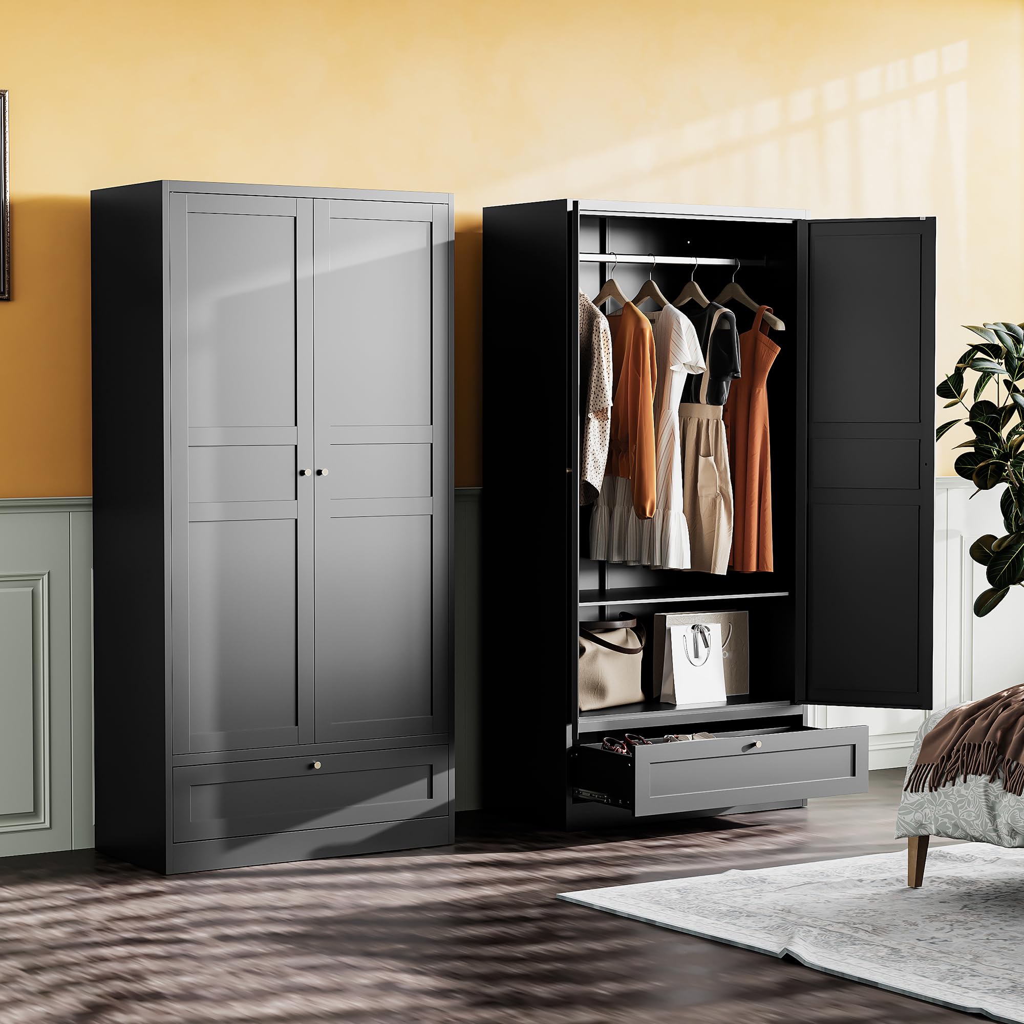 Black Metal Wardrobe Cabinet with Doors & Drawer - Adjustable Shelves & Hanging Rod for Bedroom Closet Storage | Home Organization & Clothing Armoire for Small Spaces