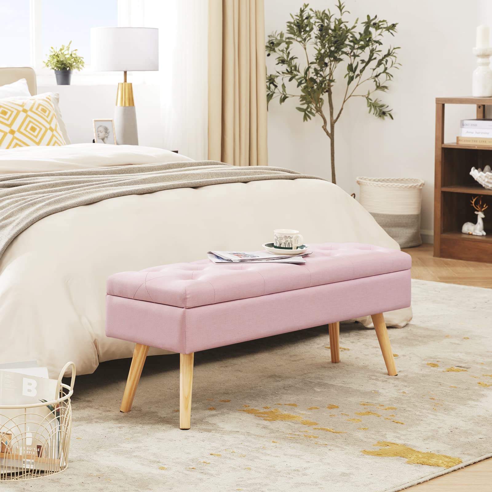 Modern Upholstered Storage Bench with Wooden Legs - 40
