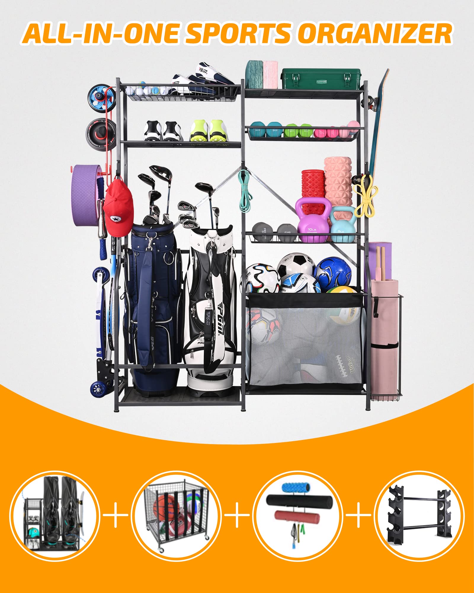 PLKOW Extra Large Golf Ball Storage Rack - 2 Golf Bag Organizer & Sports Equipment Holder for Garage - Durable Golf Accessories Organizer for Clubs, Balls & Gear - Perfect for Home, Garage & Golf Course Storage