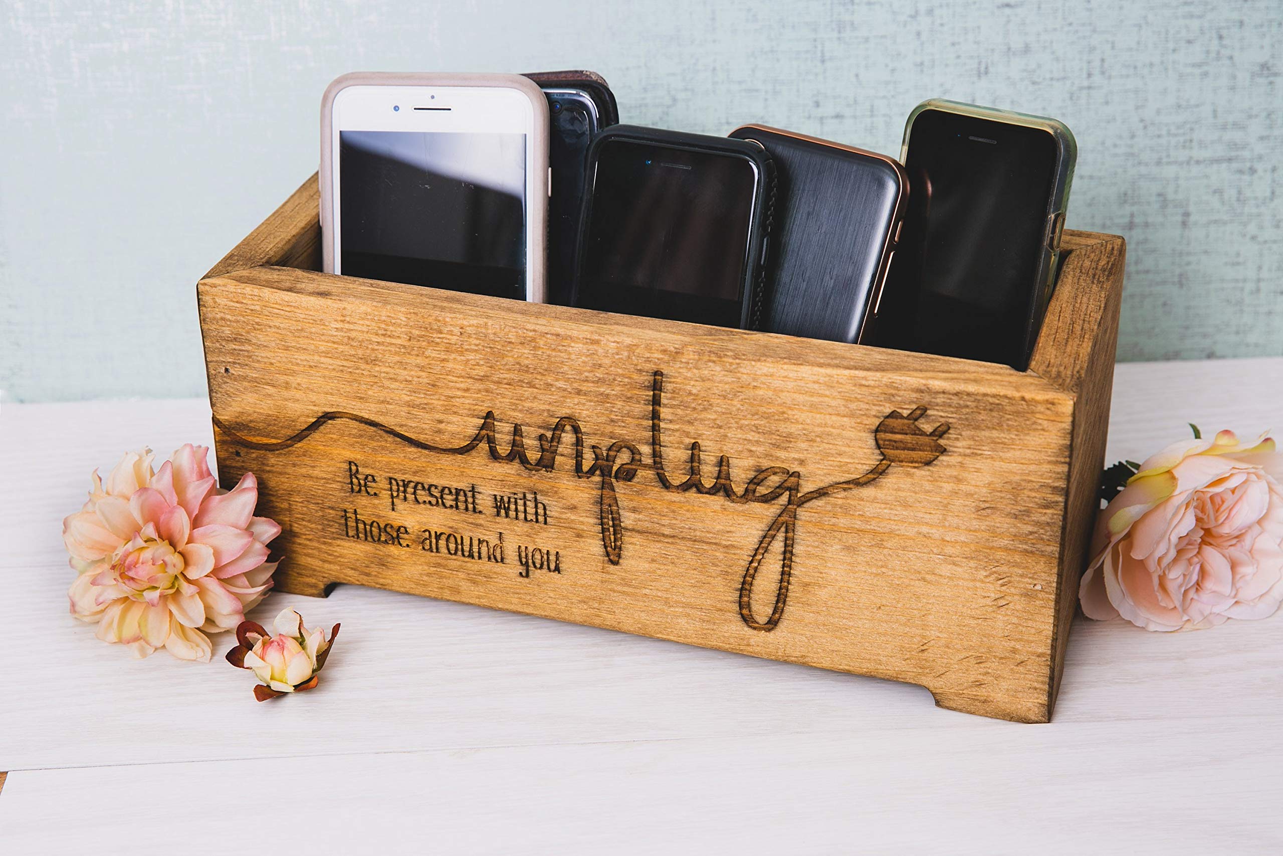 Unplug Box Rustic Wood Planter - Personalized Family Cell Phone Holder with Optional Charging Station | Home & Office Organization | Perfect for Living Room, Kitchen, or Bedroom Decor