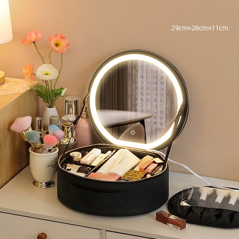 Round Smart LED Makeup Bag with Mirror Lights - Large Capacity PU Leather Cosmetic Case for Women | Travel Organizer & Beauty Storage | Perfect for Travel, Home Vanity & On-the-Go Touchups