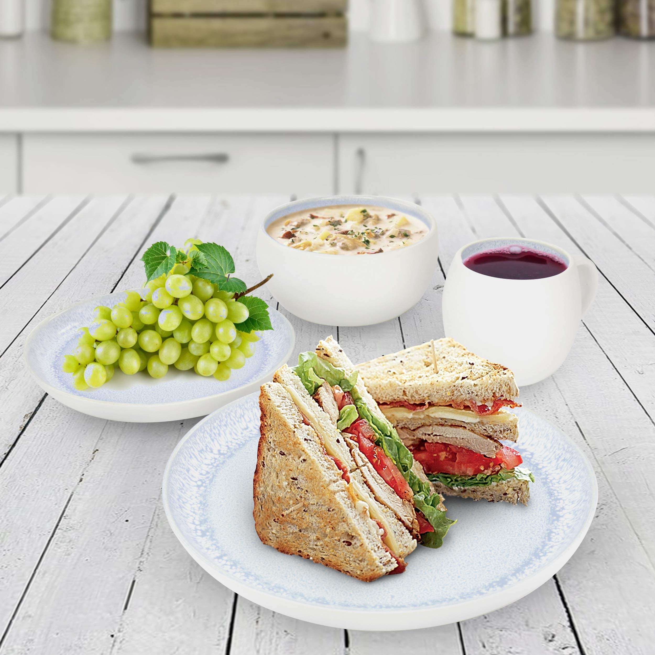 Elama Round Stoneware Mocha Collection Contemporary Dinnerware Set - 16 Piece Blue and White Porcelain Plates, Bowls & Mugs - Perfect for Modern Dining, Entertaining & Everyday Use
