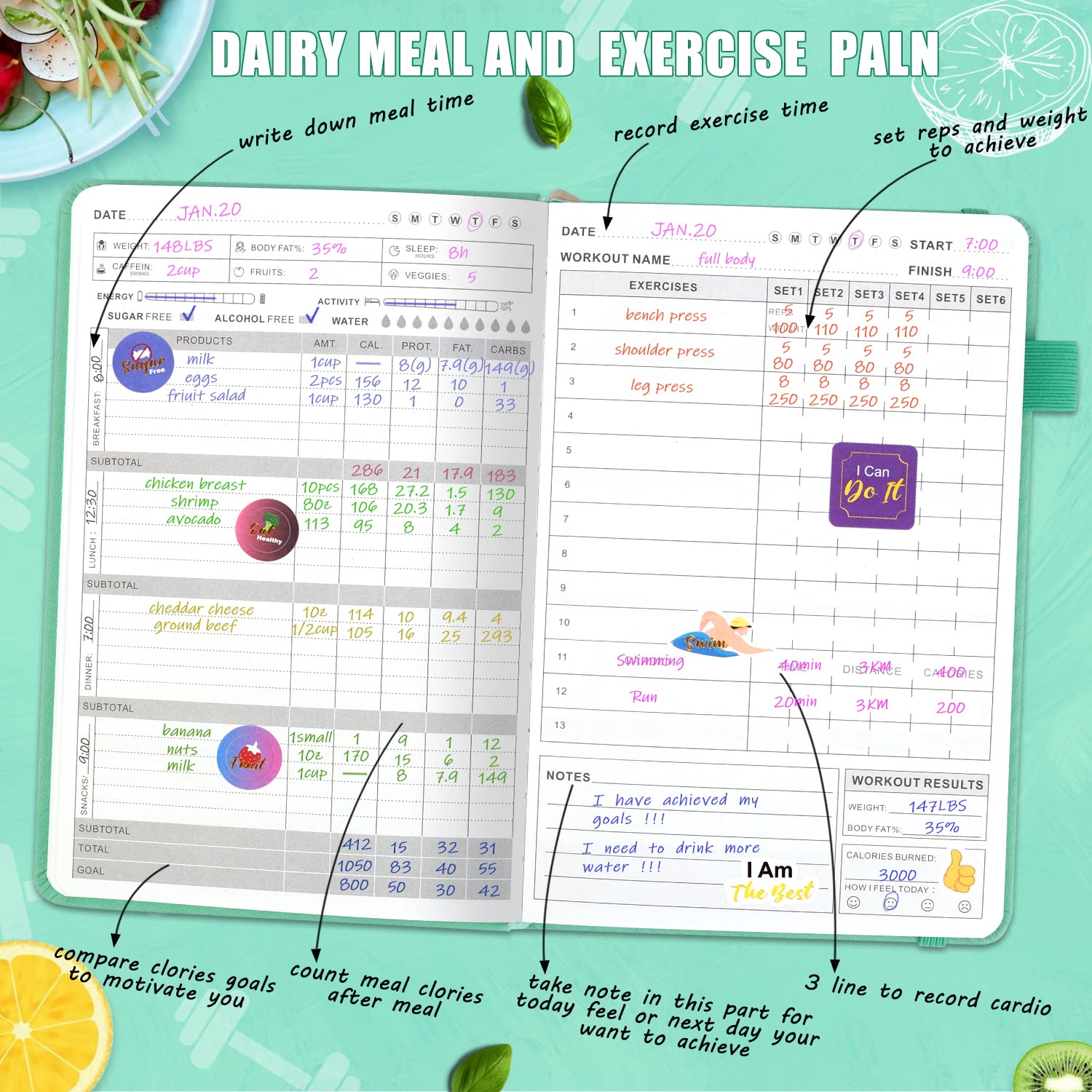 Premium Food & Fitness Journal Hardcover - Wellness Planner & Workout Tracker for Women & Men | Track Meals, Exercise, Calories & Weight Loss | Diet & Training Log | Undated for Home & Gym Use | Perfect for Meal Planning, Gym Routines & Health Goals