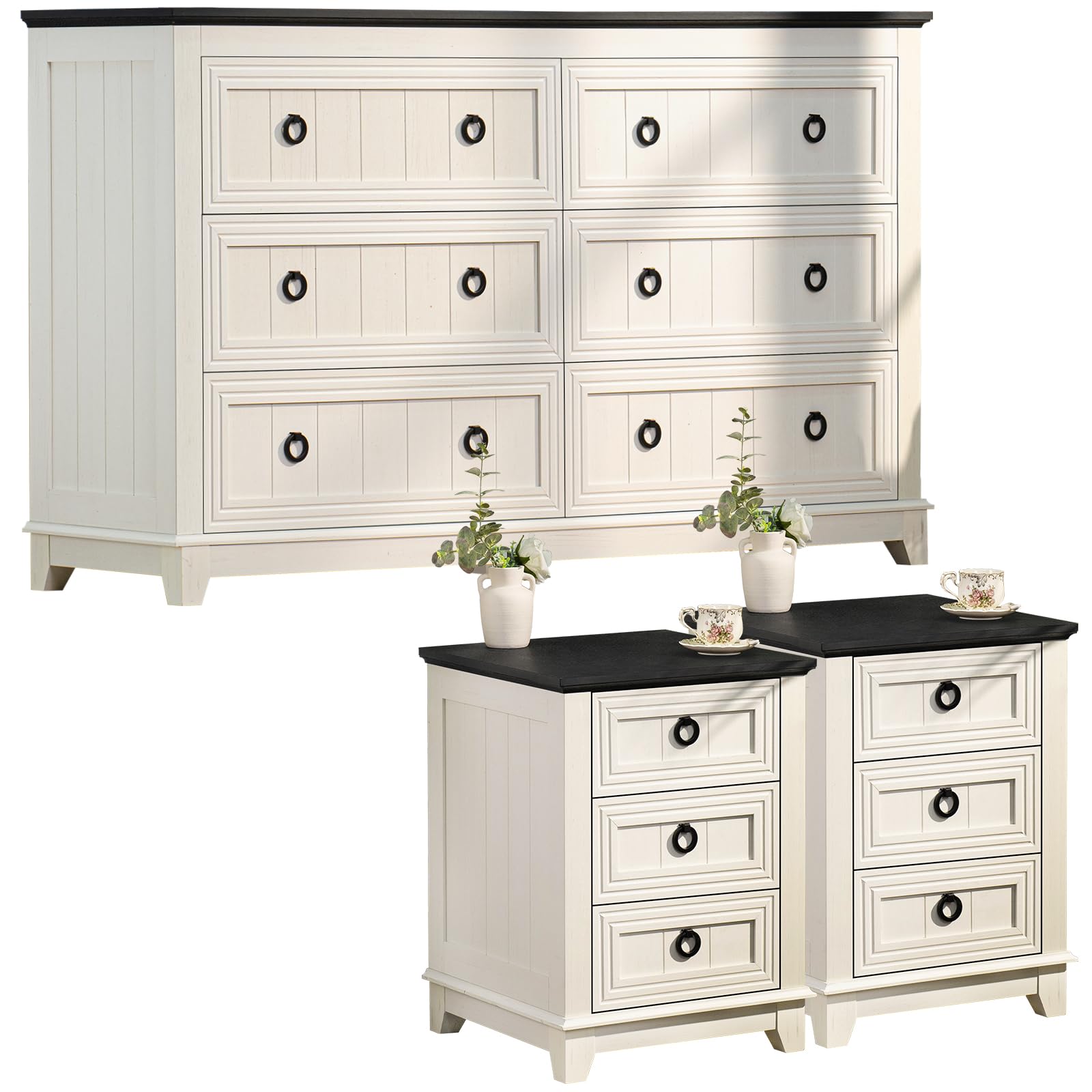Farmhouse Dresser and Nightstand Set 3-Piece - 6 Drawer Dresser & 2 Nightstands for Bedroom, Living Room, Hallway - 54
