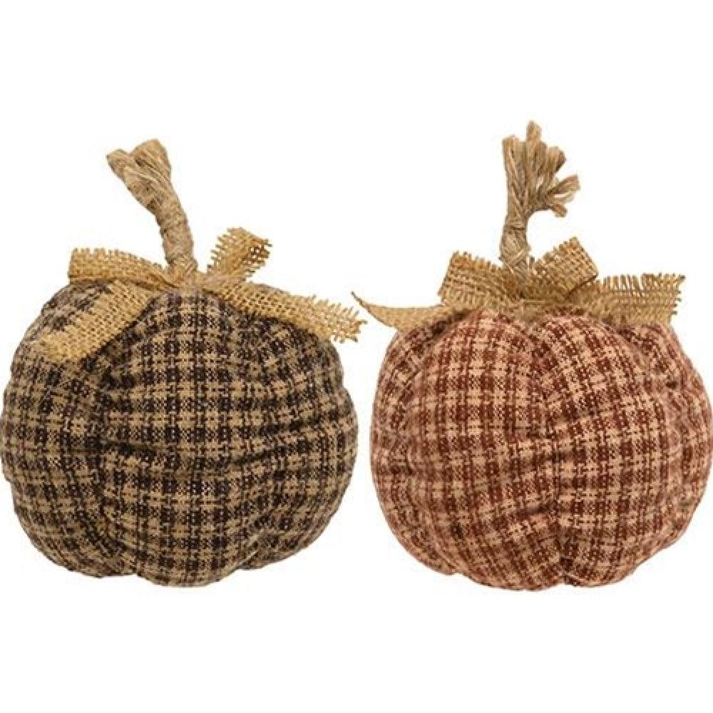 Small Country Plaid Pumpkin Decor Set of 2 - Fall Harvest Home Decor for Thanksgiving, Autumn Table Centerpiece, Porch & Mantel Decorations - Perfect for Seasonal Farmhouse Style & Holiday Display