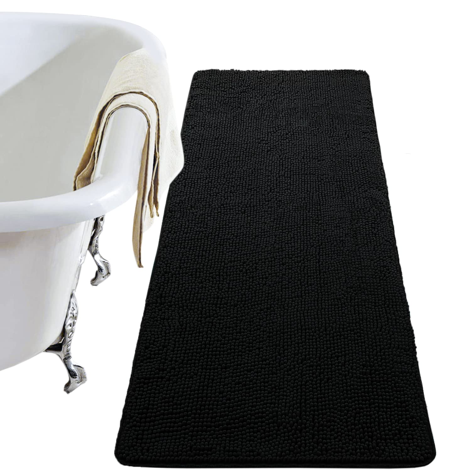Premium Luxury Bathroom Rug - 24x70 Inch Soft Shaggy Chenille Bath Mat, Non-Slip & Machine Washable, Ultra Absorbent Plush Carpet for Bathroom & Shower - Perfect for Spa-Like Comfort at Home (Black)