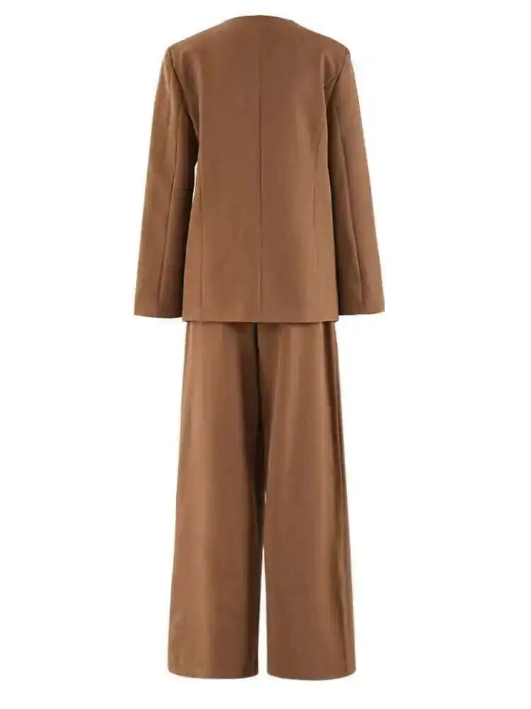 Women's Big Size Blazer & Pleated Wide Leg Pants Two-Piece Suit - V-Neck Long Sleeve Business Casual Outfit for Work, Office & Spring/Autumn 2025 Fashion | CPDB248
