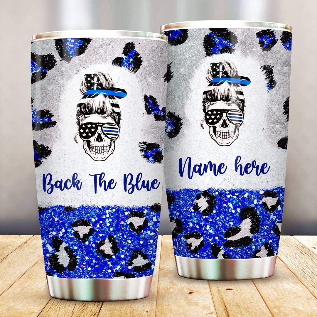 Personalized Back The Blue Skull Mom Leopard Print Stainless Steel Vacuum Insulated Tumbler - 20oz Double Wall Travel Mug with Lid & Straw - Perfect Gift for Mom on Mother's Day, Birthday, Christmas - Great for Coffee, Tea & Cold Drinks at Home, Office or On-The-Go