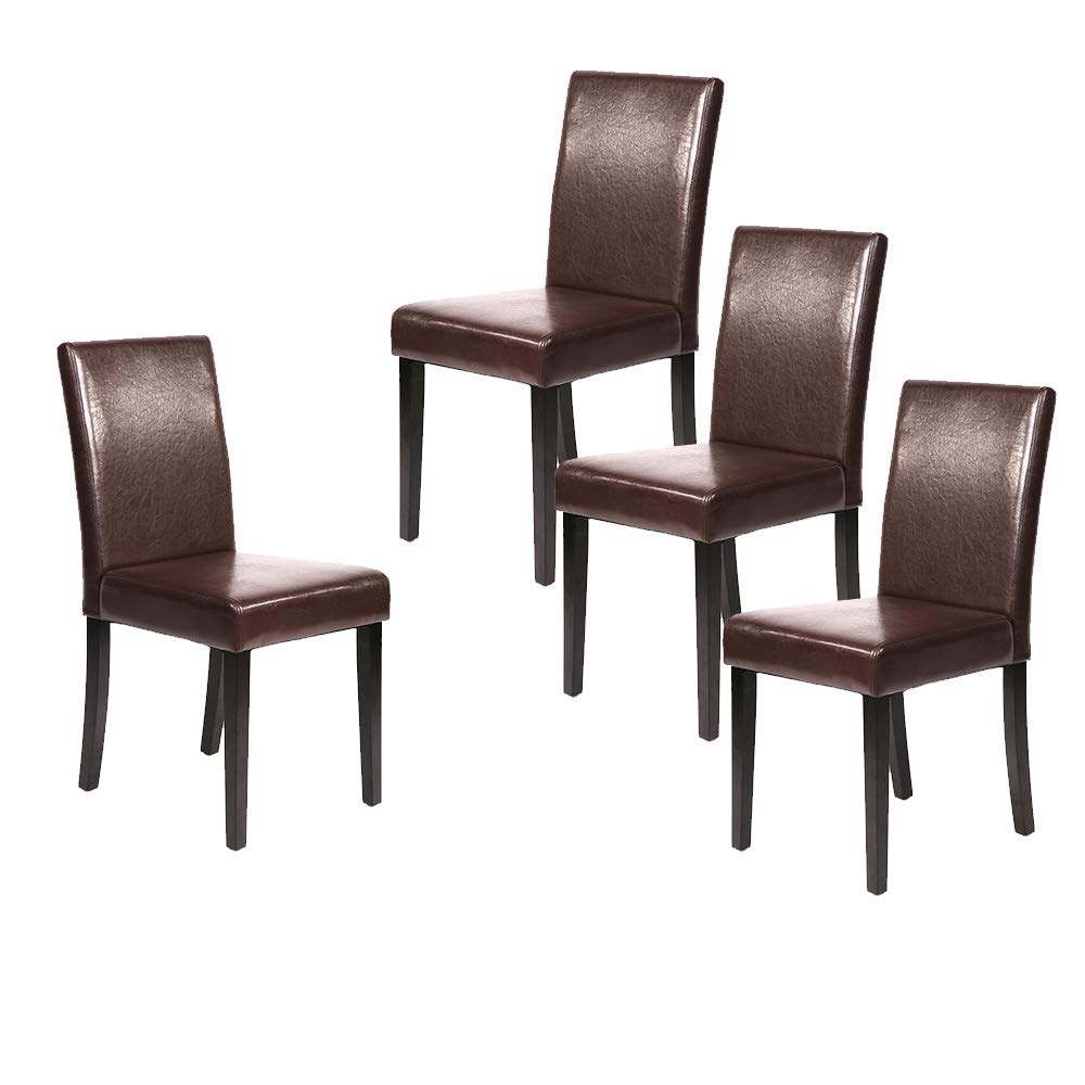 4 Pack Brown Parson Dining Chairs with Solid Wood Legs & PU Cushion - Modern Kitchen Accent Chairs Set for Home, Restaurant, Apartment - Perfect for Dining Rooms, Breakfast Nooks & Small Spaces