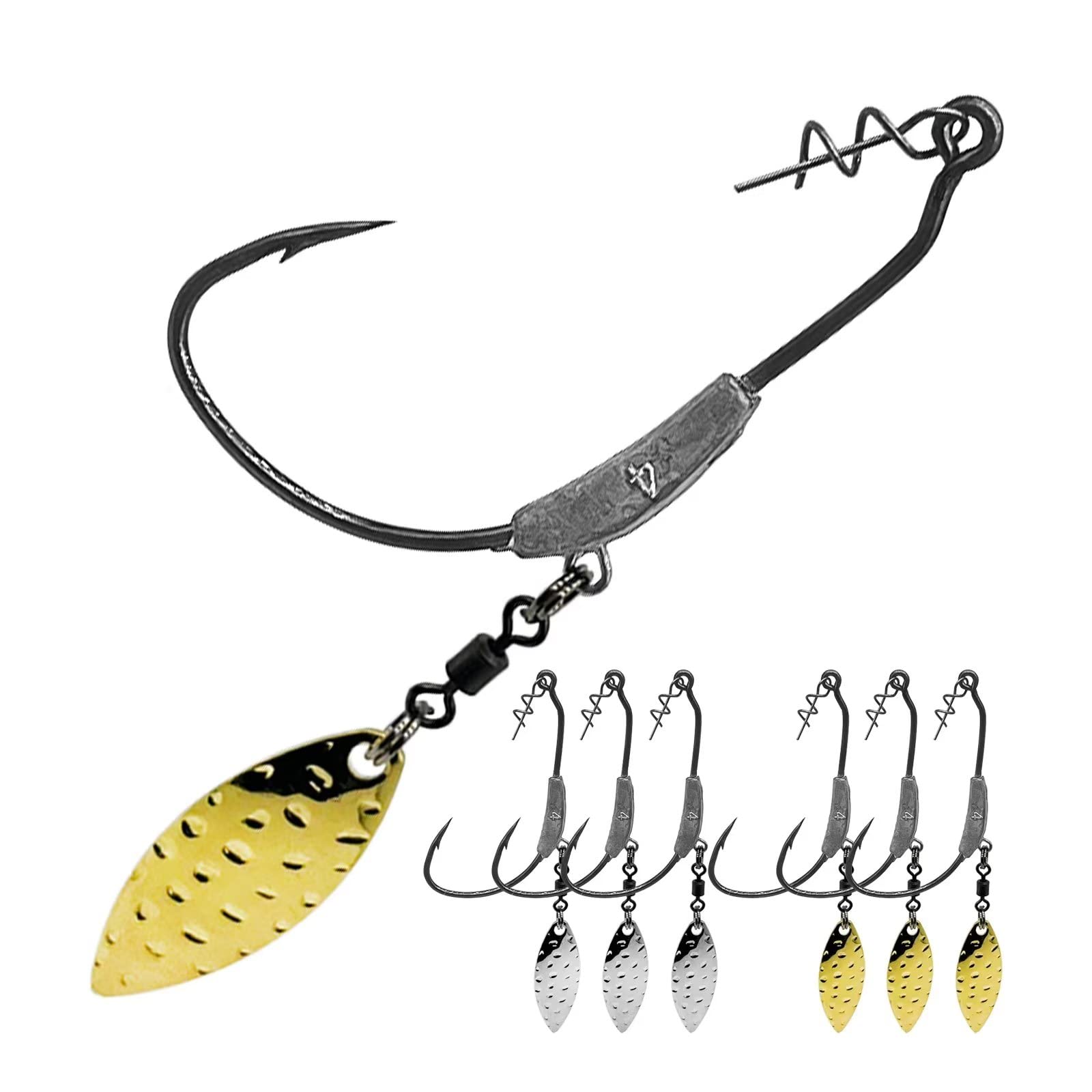 6pcs Weighted Swimbait Hooks with Twistlock - Gold/Silver Spinner Blades for Soft Fishing Lures - Perfect for Bass, Walleye & Freshwater Fishing