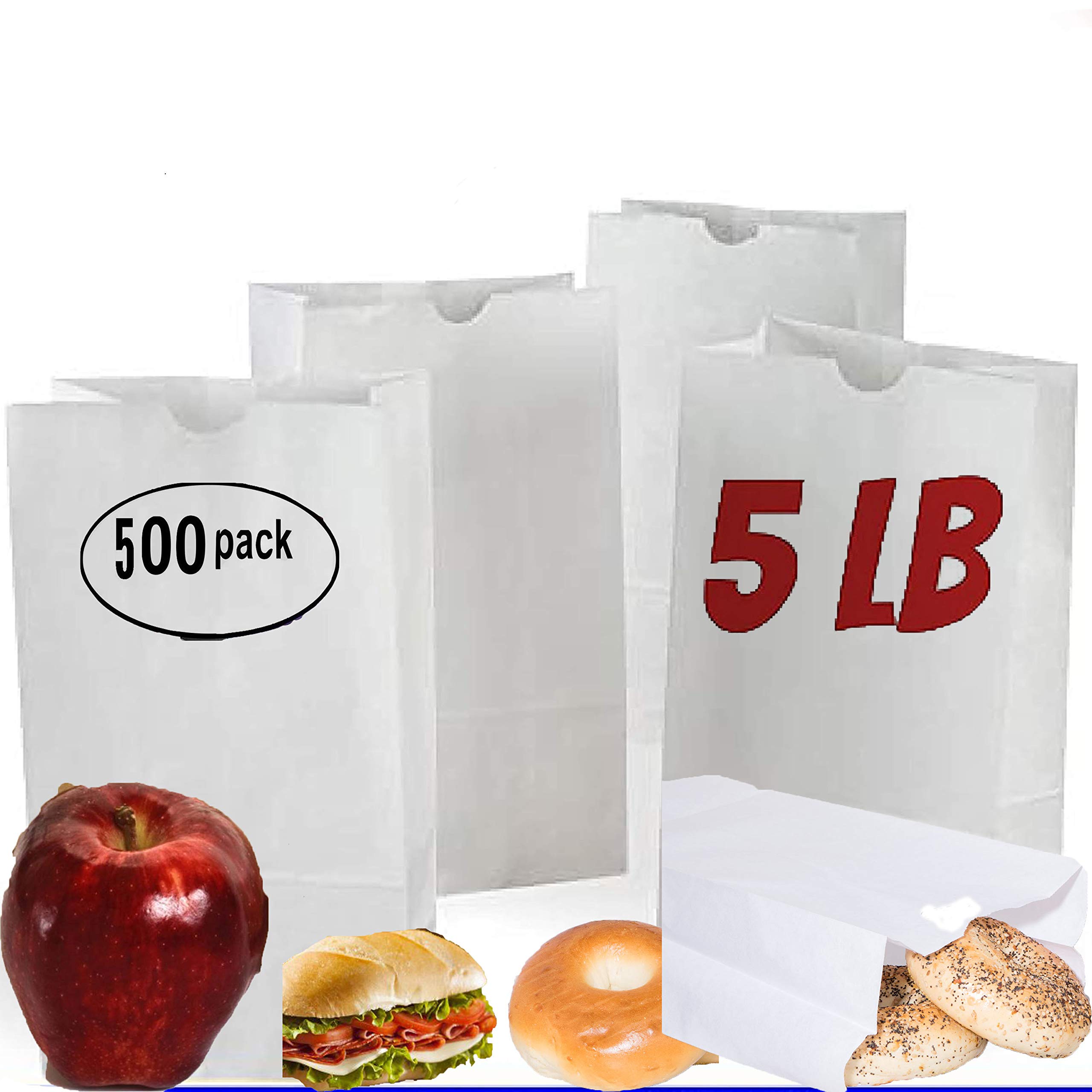 500 Pack 5 lb White Kraft Paper Bags - Small Lunch Bags, Sandwich Bags & Party Favors for Grocery, Takeout, Picnics & School Lunches