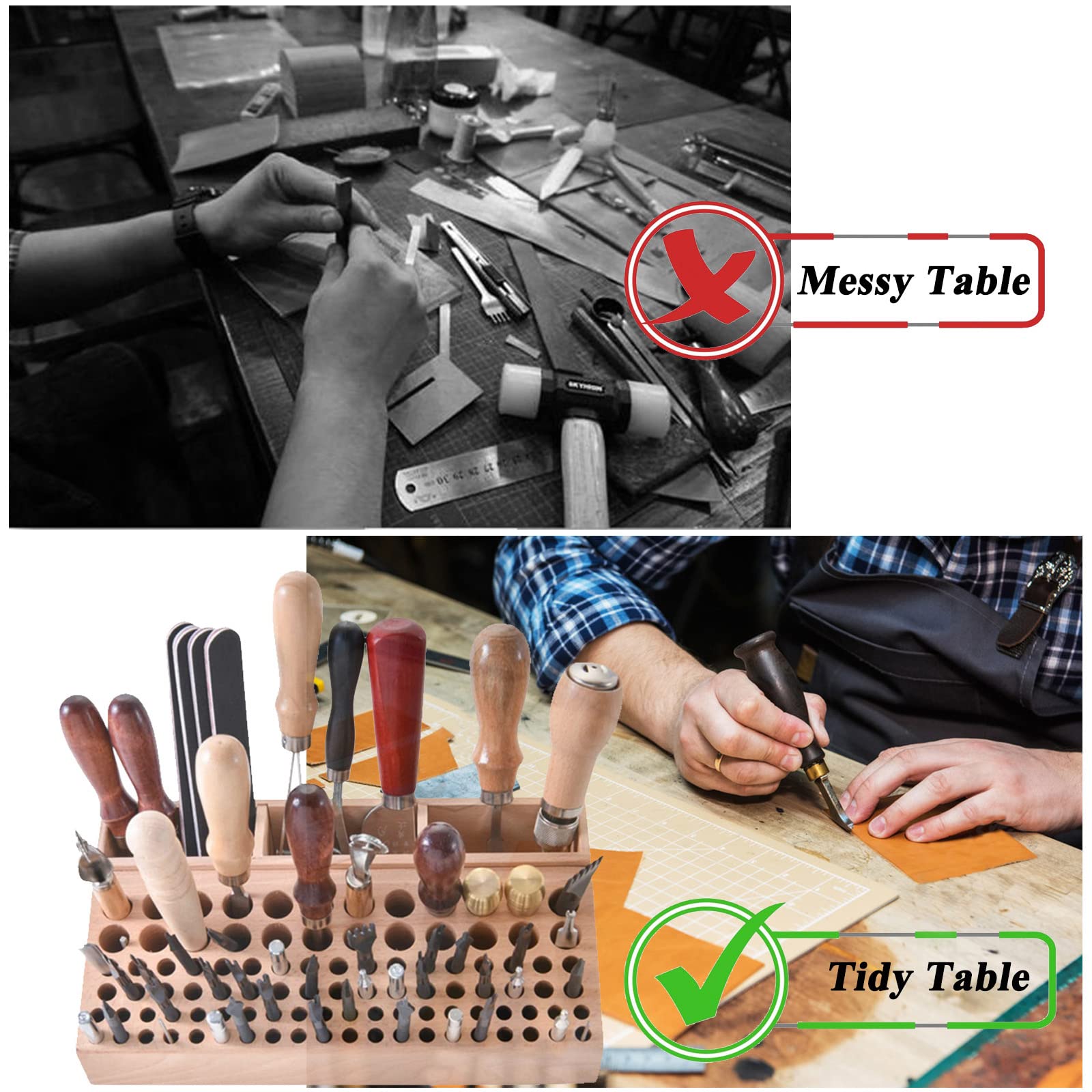 Premium Leather Craft Tool Organizer - 98 Hole Wooden Leatherworking Tool Stand with 3 Storage Slots | Large Leather Craft Storage Rack for Sewing, Stamping & Carving Tools | Perfect for Workshops & DIY Leather Projects
