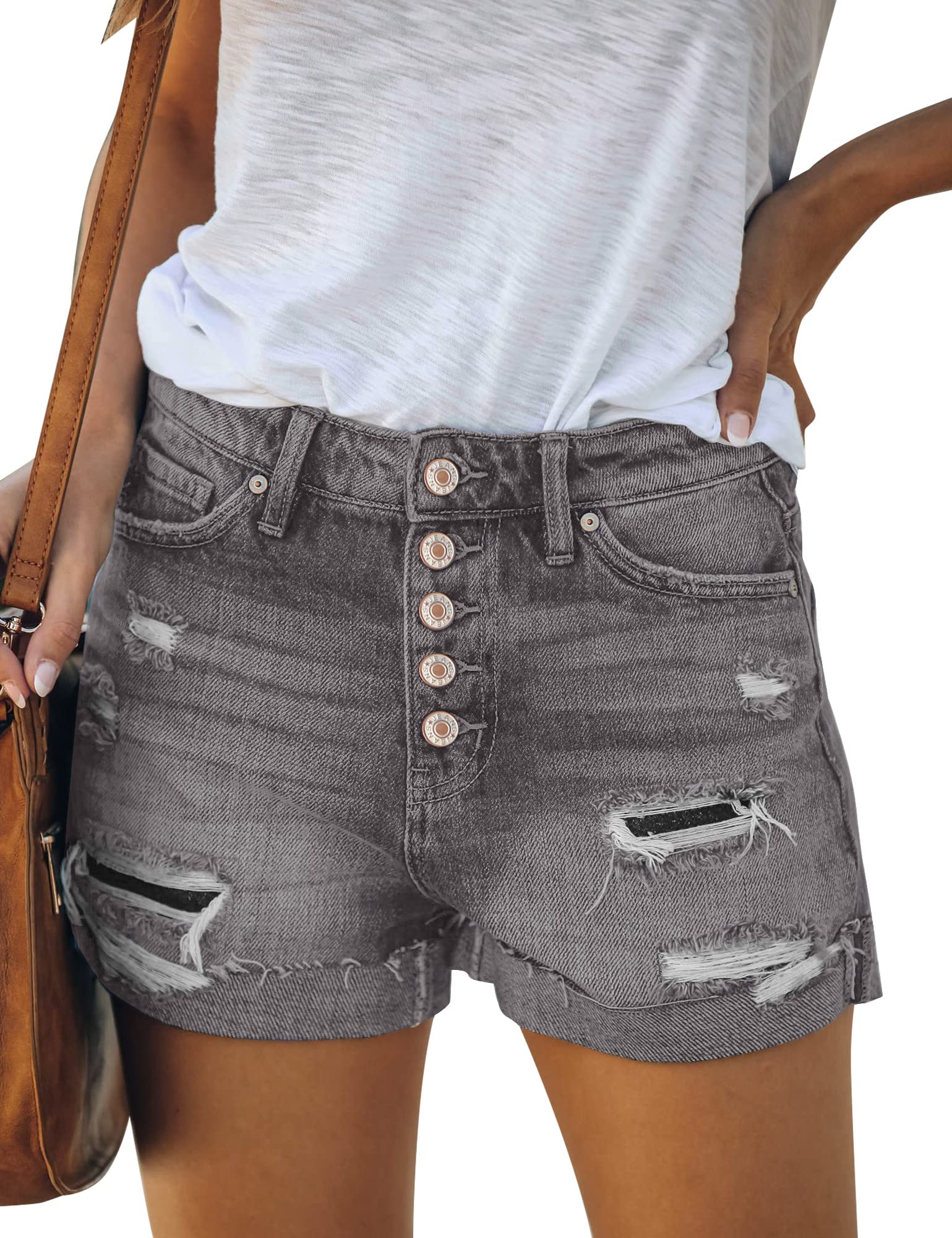 LookbookStore Women's High Waisted Denim Shorts with Button Details & Cuffed Hem | Summer Fashion Staple for Casual Outings & Beach Vacations