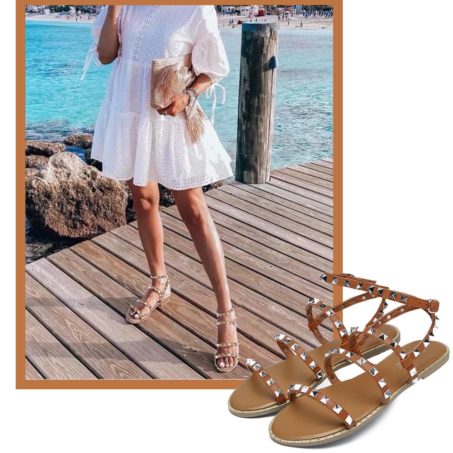 Katliu Women's Strappy Studded Gladiator Flat Sandals with Ankle Strap - Comfortable Casual Summer Shoes for Beach, Vacation & Daily Wear