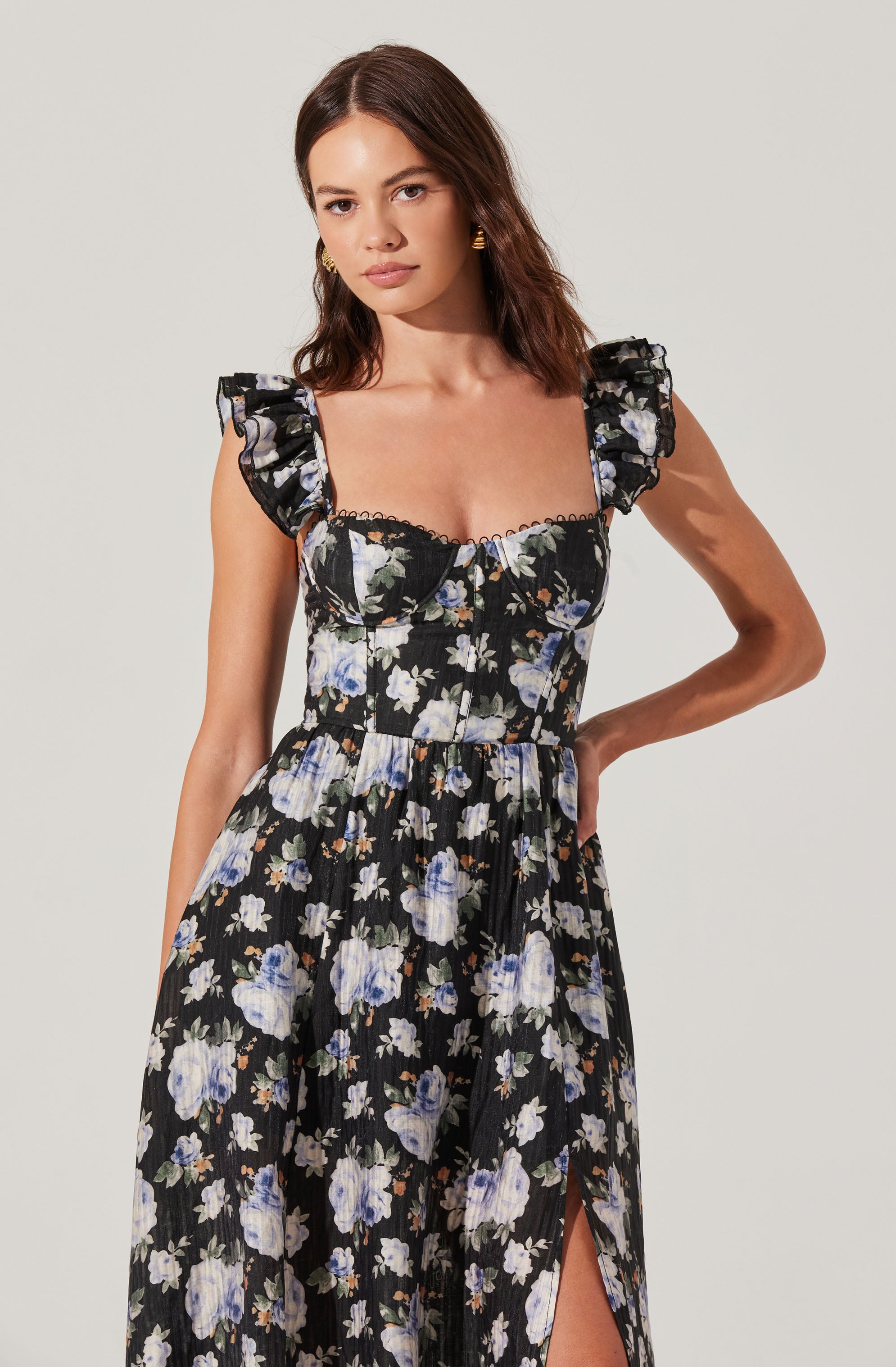 Wedelia Floral Bustier Midi Dress for Women - Summer Flowy Boho Dress with Ruffles & Lace Trim - Perfect for Beach Weddings, Date Nights & Vacation Outfits