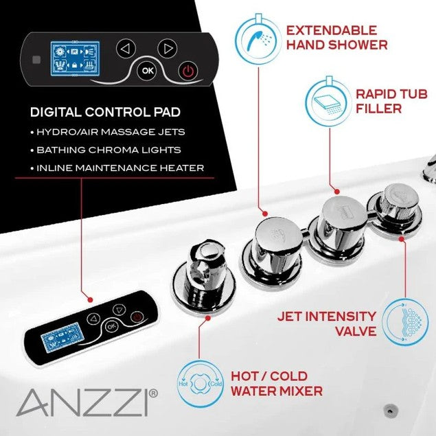 Anzzi 2753FLWL 27 x 53 Inch Left Drain Walk-In Bathtub with Whirlpool Air Jets & Waterfall Quick Fill - Ideal for Elderly & Mobility Limited Users, Spa-Like Relaxation at Home