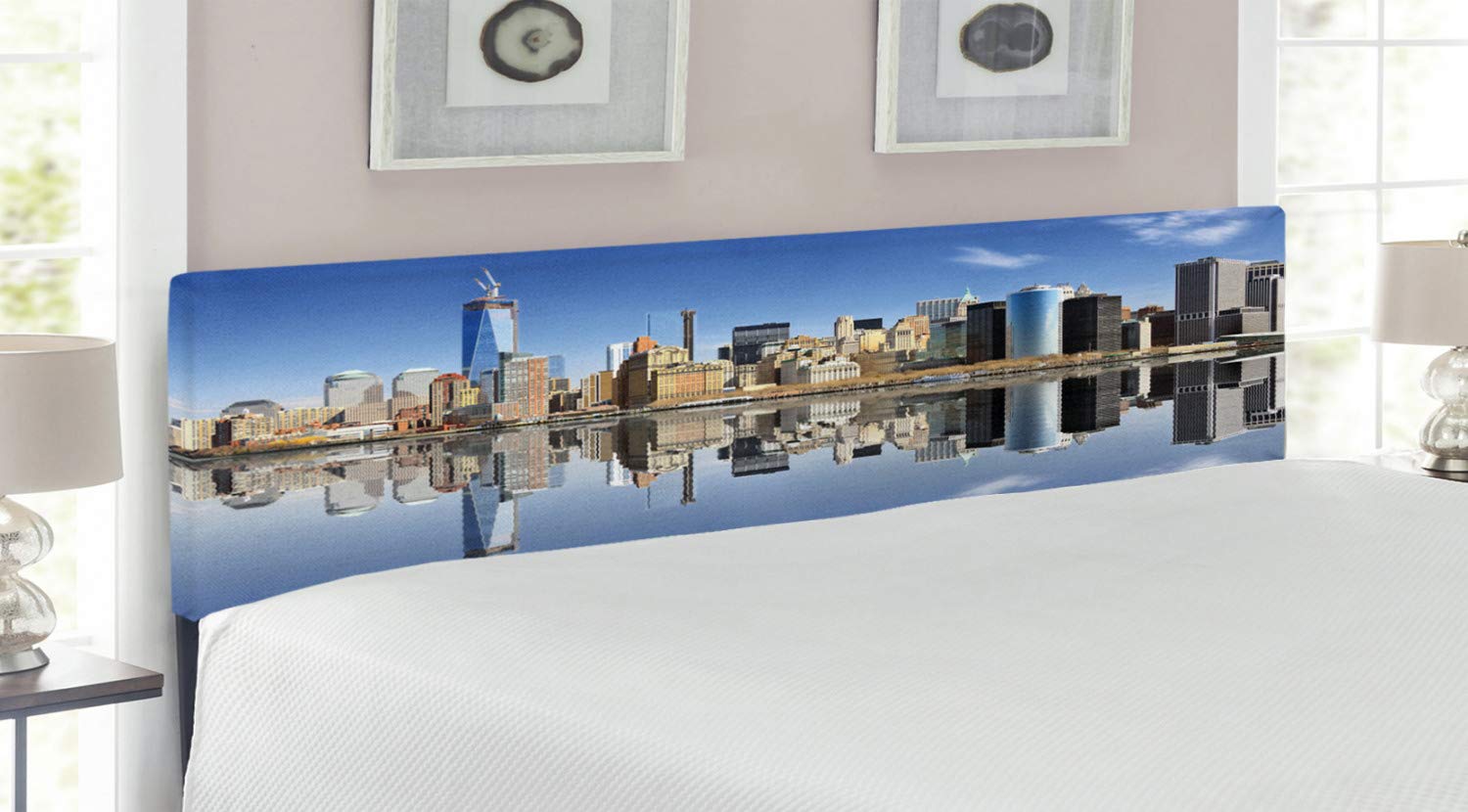 Ambesonne New York City Headboard - Manhattan Skyline Silhouette with Skyscrapers, Upholstered Metal Bed Headboard with Memory Foam, King Size, Multicolor - Perfect for Urban-Themed Bedrooms & NYC Lovers
