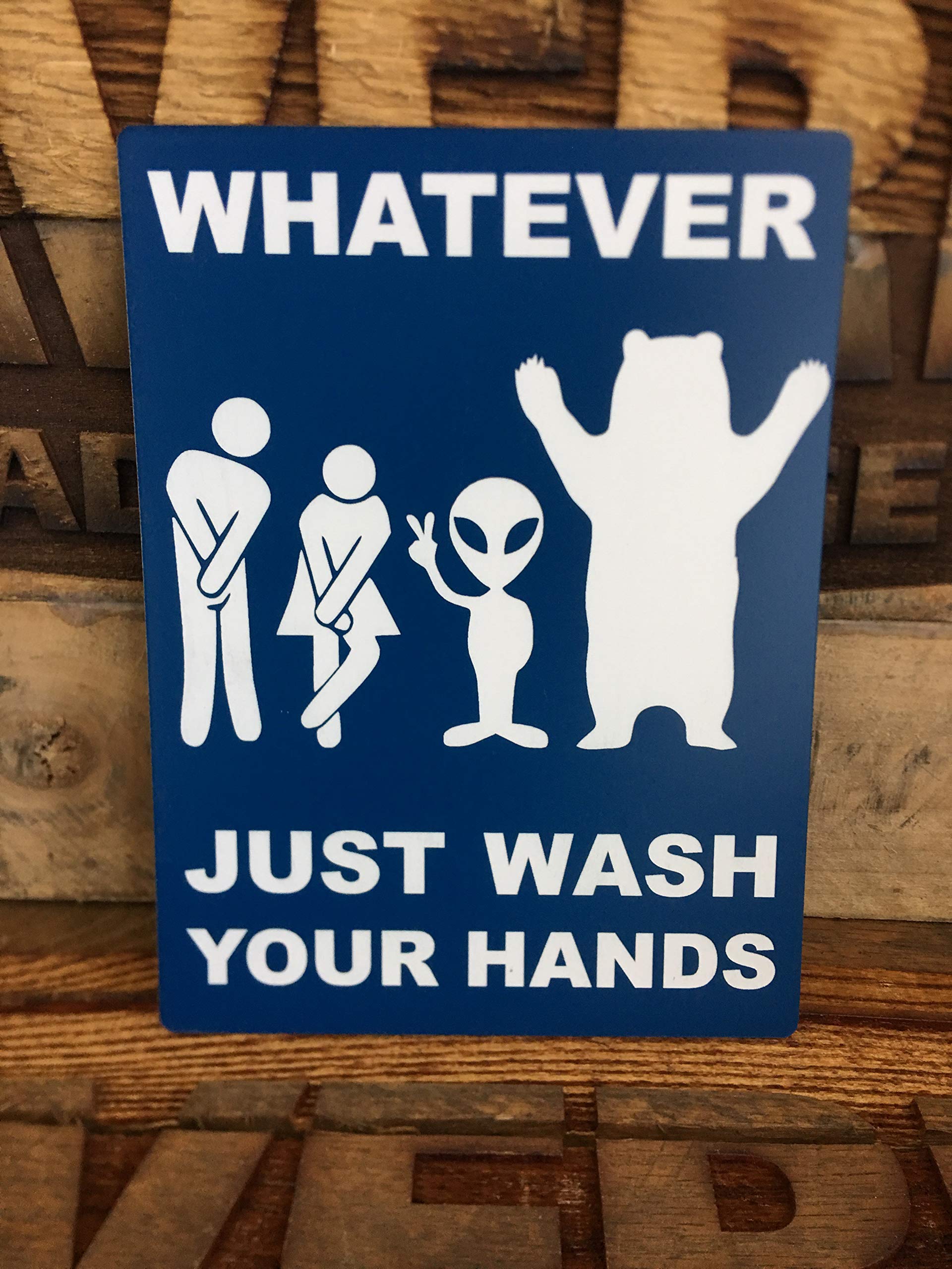 Funny Bathroom Sign for Women, Aliens & Bears - 'Whatever Just Wash Your Hands' Blue Wall Decor - Perfect for Home, Office or Restaurant Restrooms