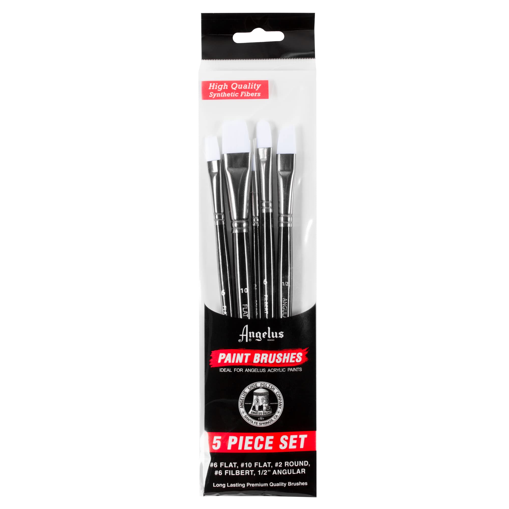 Angelus Paint Brush Set - 5-Piece Round, Flat & Angular Artist Brushes for Acrylic, Shoe Painting & DIY Crafts - Perfect for Canvas Art, Leather Repair & Custom Sneaker Design