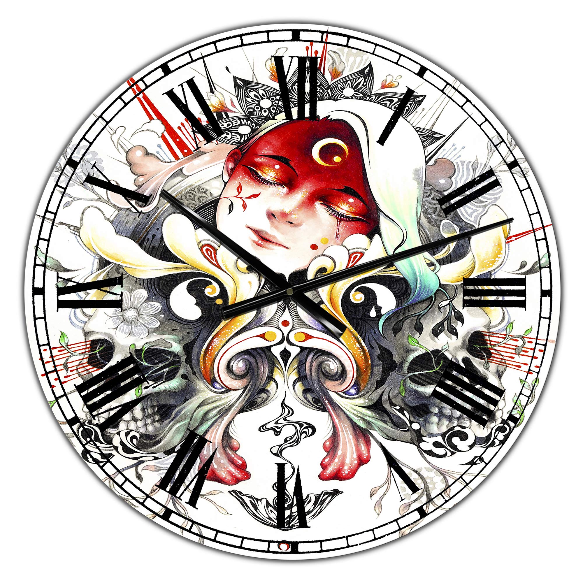 DesignQ Modern Wall Clock 'Sleeping Girl on Blossoming Skulls' - 12 Inch Round Red Wall Clock for Home & Office Decor - Perfect for Living Room, Bedroom, or Office Wall Art