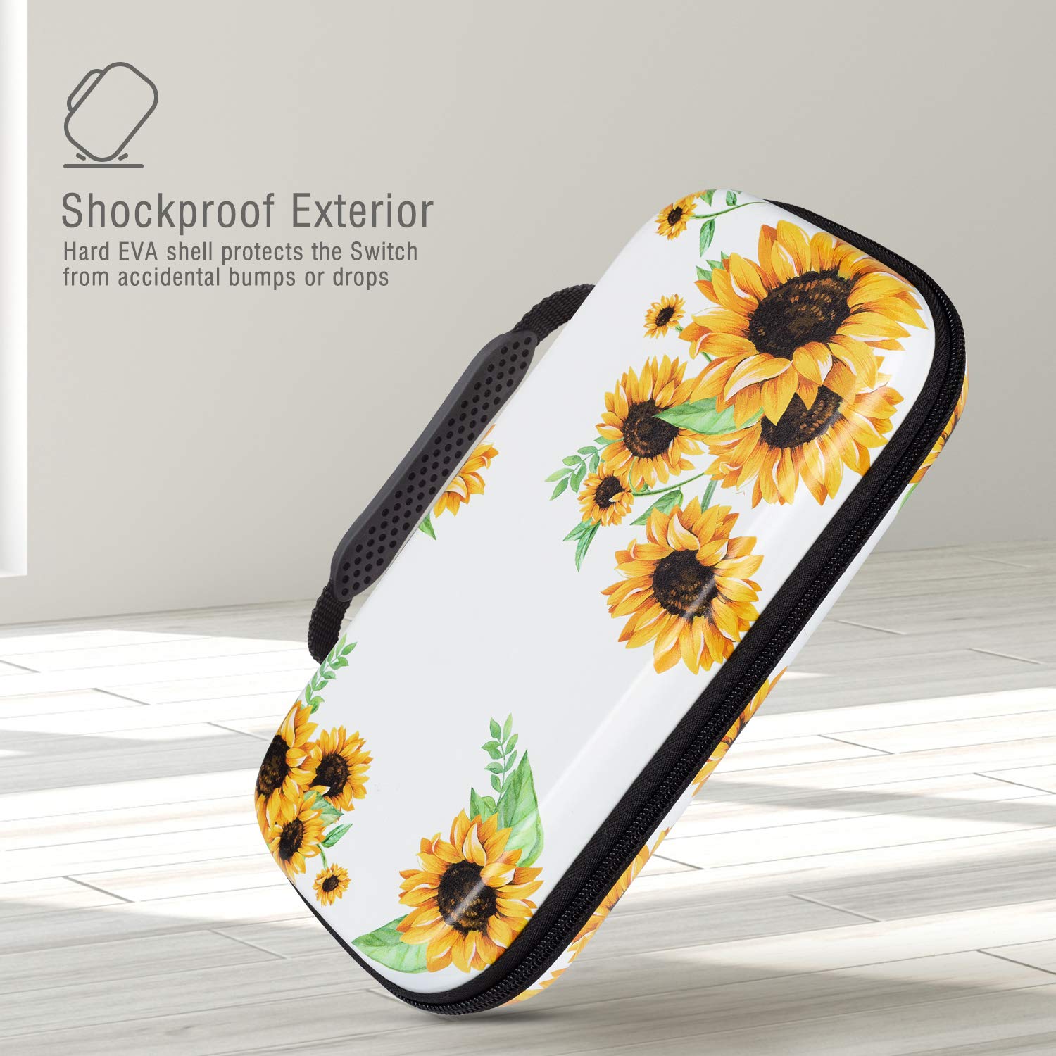 Lokigo Nintendo Switch OLED Case - Hard Shell Travel Carrying Case for Nintendo Switch & Switch OLED - Portable Pouch Bag with 16 Game Card Slots - Protective Cover for Boys & Girls - Perfect for Travel, Commuting & Gaming On-The-Go - Sunflower Design