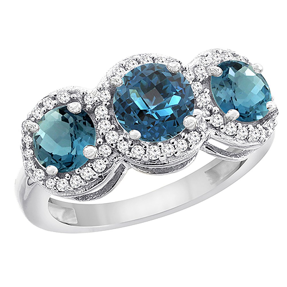 14K White Gold Natural London Blue Topaz Round 3-Stone Ring with Diamond Accents - Sizes 5-10 | Elegant Engagement, Anniversary & Wedding Jewelry Gift for Women