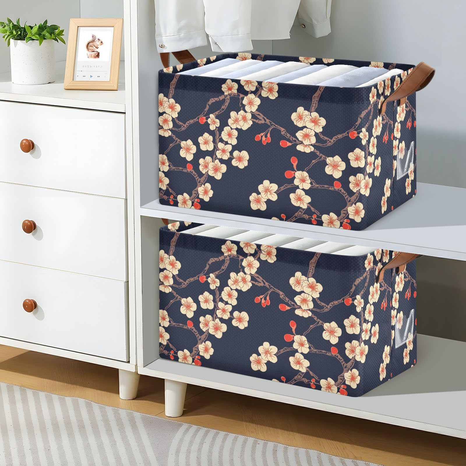 Japanese Cherry Blossom Decorative Storage Baskets - Rectangle Woven Organizer Bin with Handles for Books, Shelves, Closet & Home Organization - Perfect for Bedroom, Nursery & Office Storage Solutions