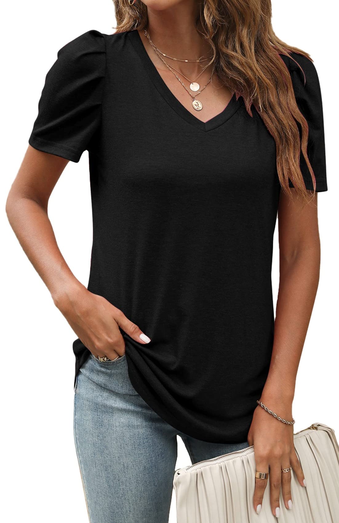 Women's Puff Sleeve Tops - Summer V-Neck Loose Fit Short Sleeve Tunic Shirts | Casual Blouse for Beach, Office & Date Night Outfits