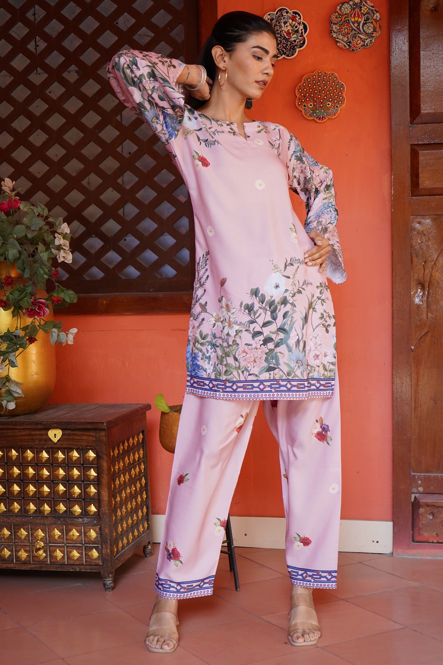 Printkari Poly Muslin Co-Ord Set in Pink | Stylish Matching Outfit for Women | Perfect for Casual Wear, Summer Outings & Festive Occasions